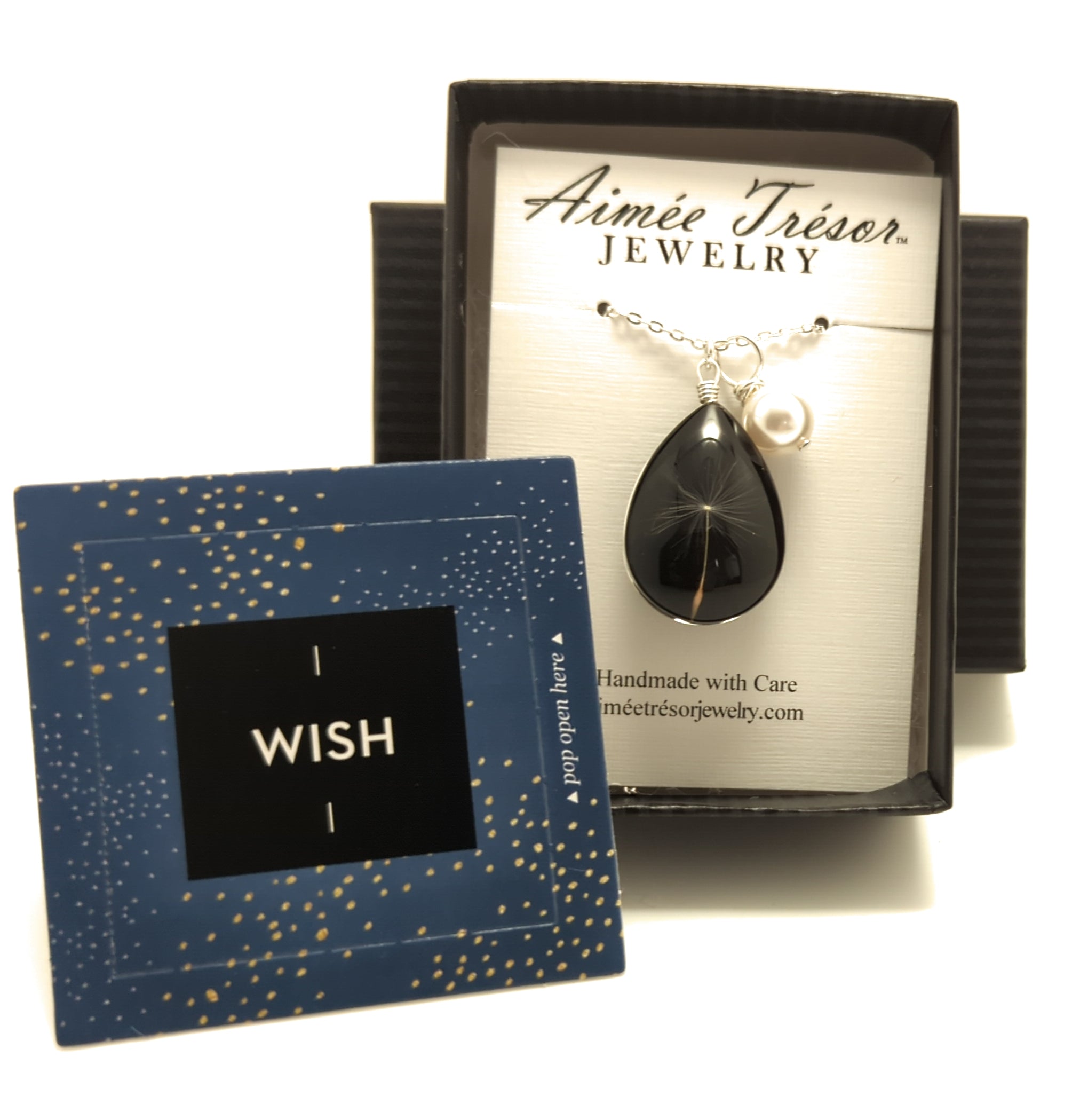 Dark Dandelion Wish Pendant Necklace with Crystal Pearl Charm on Sterling Silver Chain