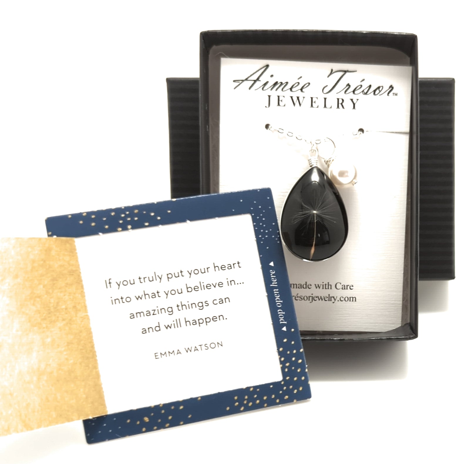 Dark Dandelion Wish Pendant Necklace with Crystal Pearl Charm on Sterling Silver Chain