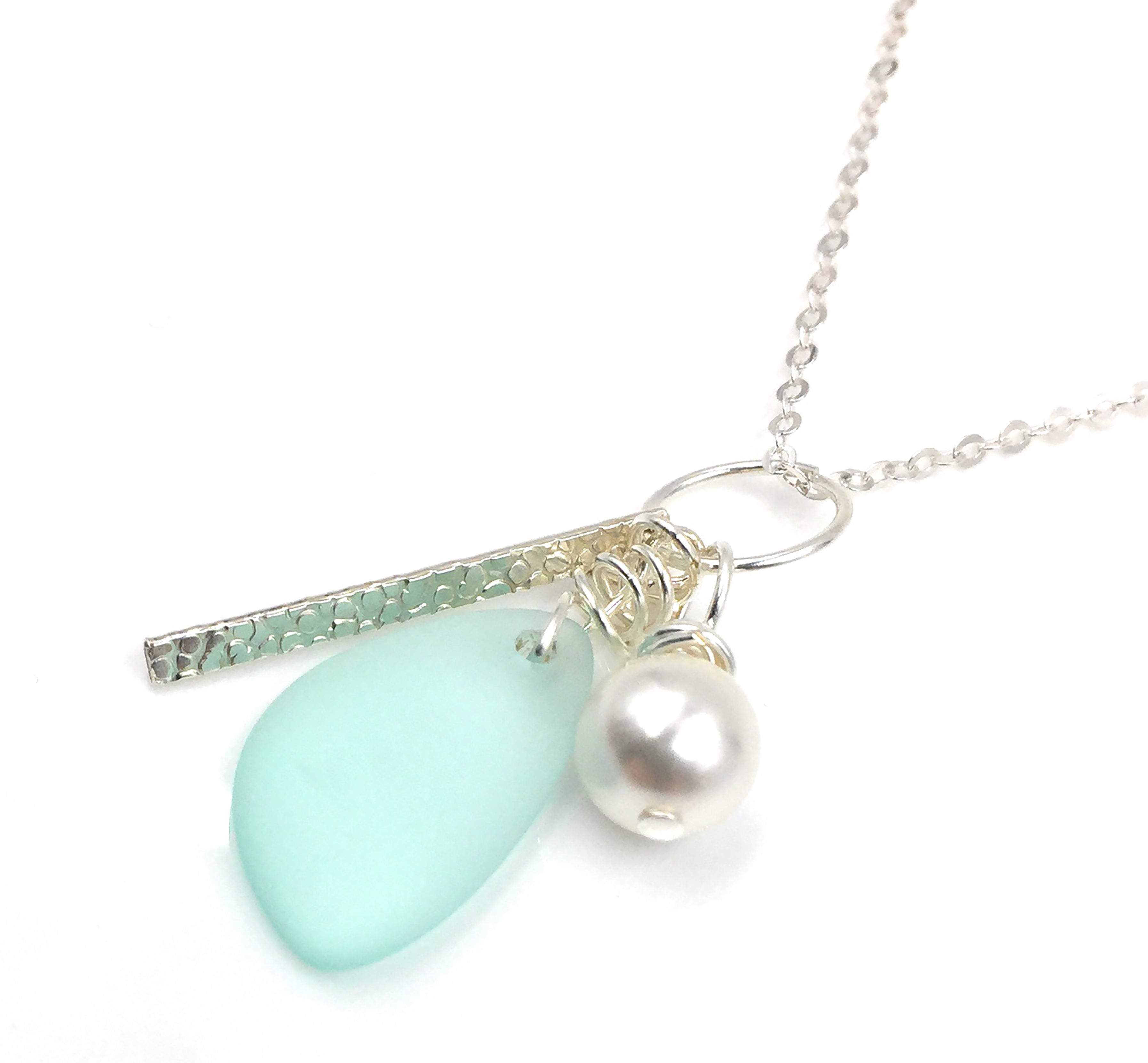 Popular Sea Foam Green Recycled Sea Glass Charm Necklace on Sterling Silver Chain