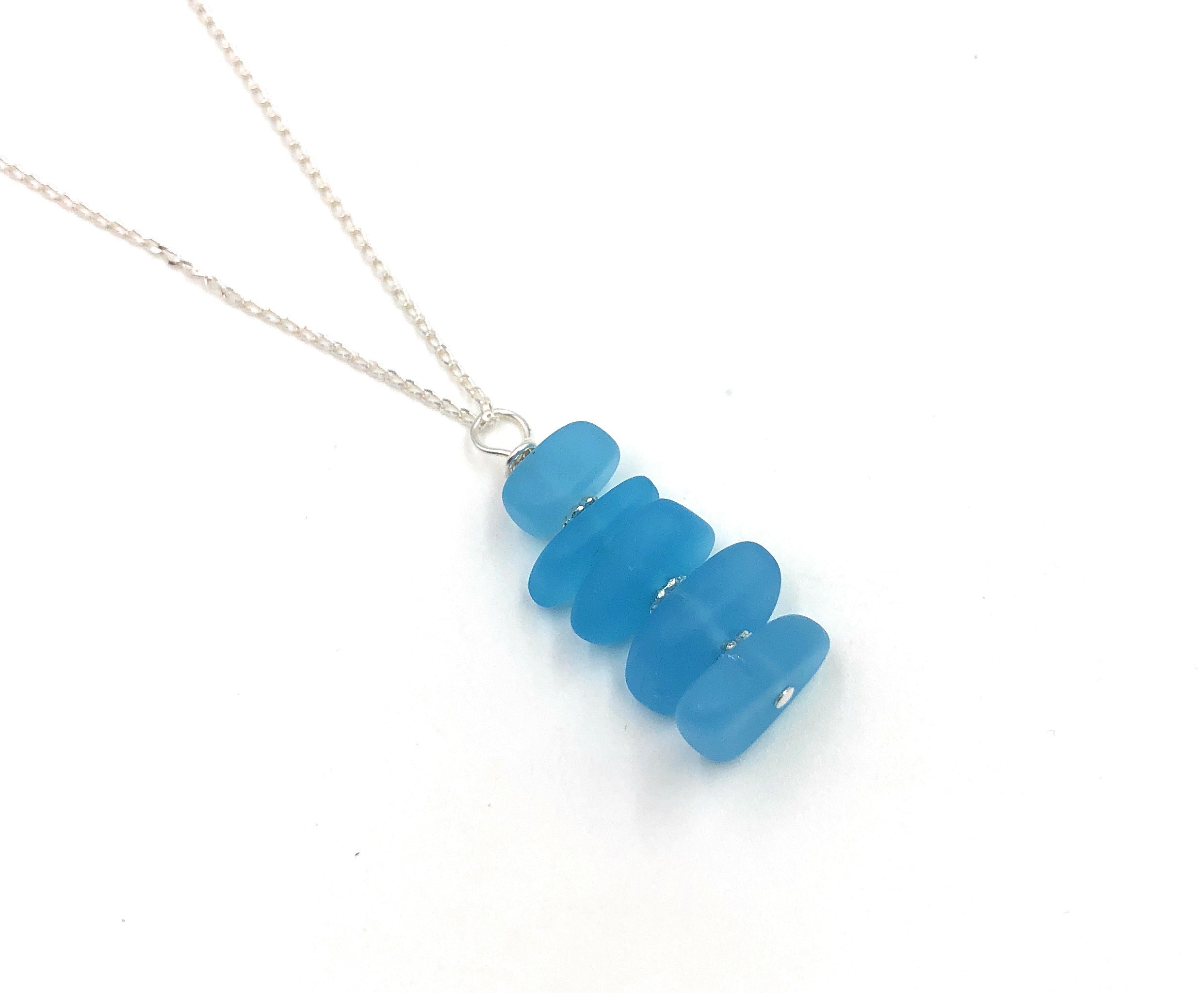 Vivid Aqua Sea Glass Pebble Stacked Pendant Necklace