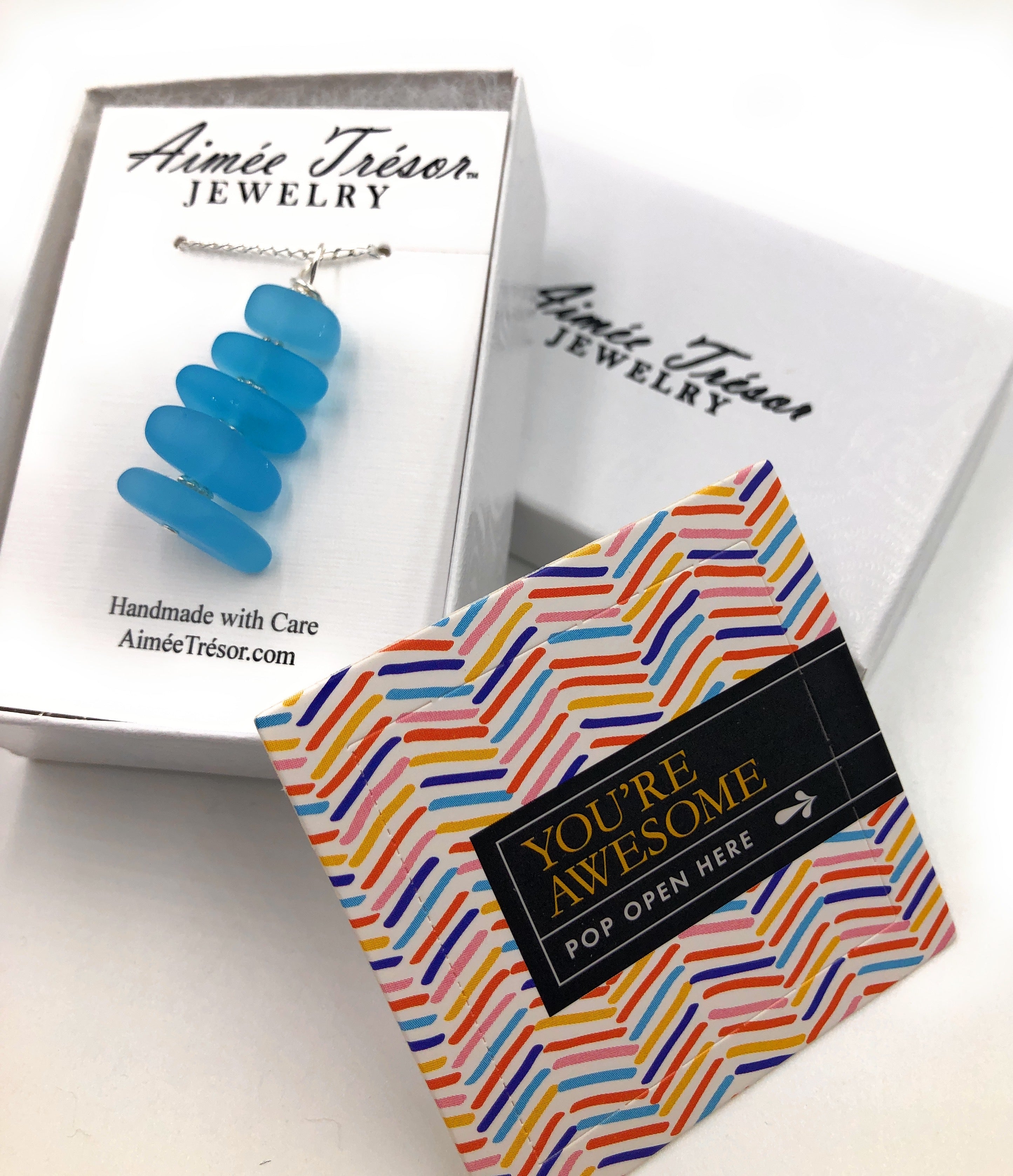 Vivid Aqua Sea Glass Pebble Stacked Pendant Necklace