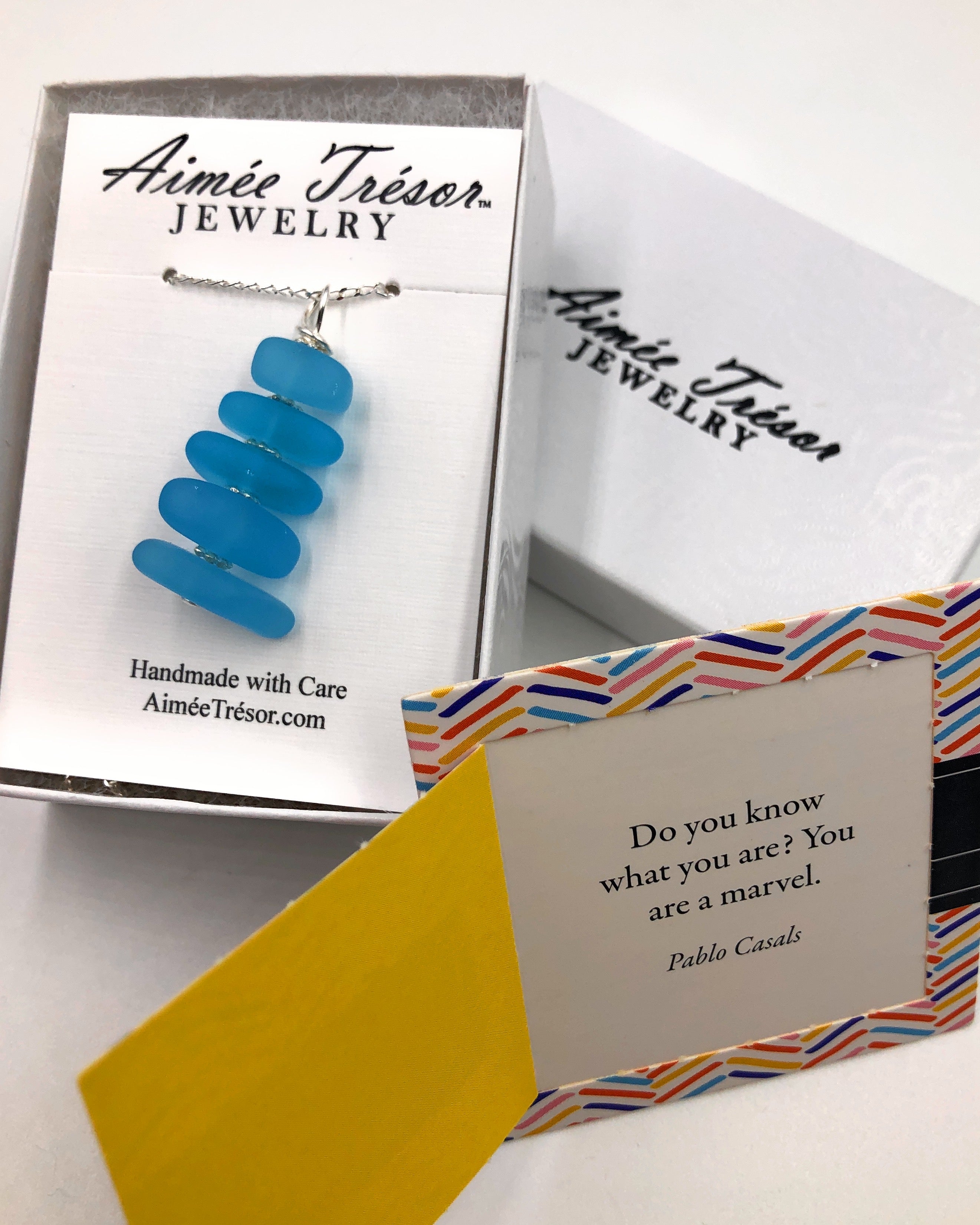 Vivid Aqua Sea Glass Pebble Stacked Pendant Necklace