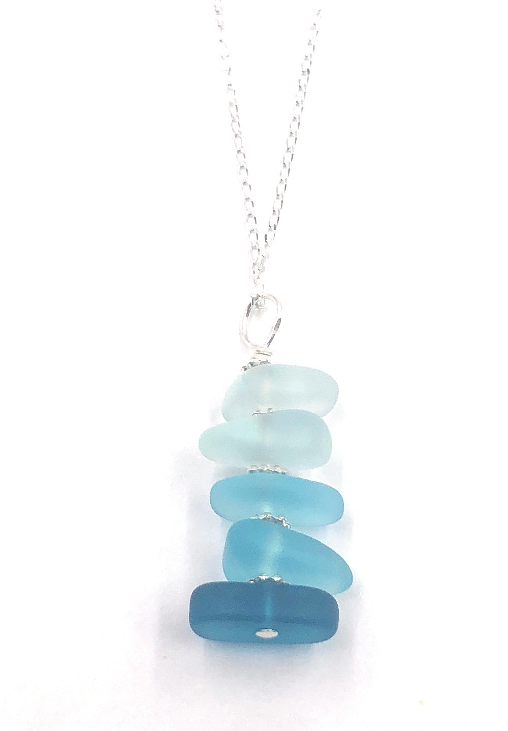 Beachy Blue Fade Stacked Sea Pebble Pendant Necklace