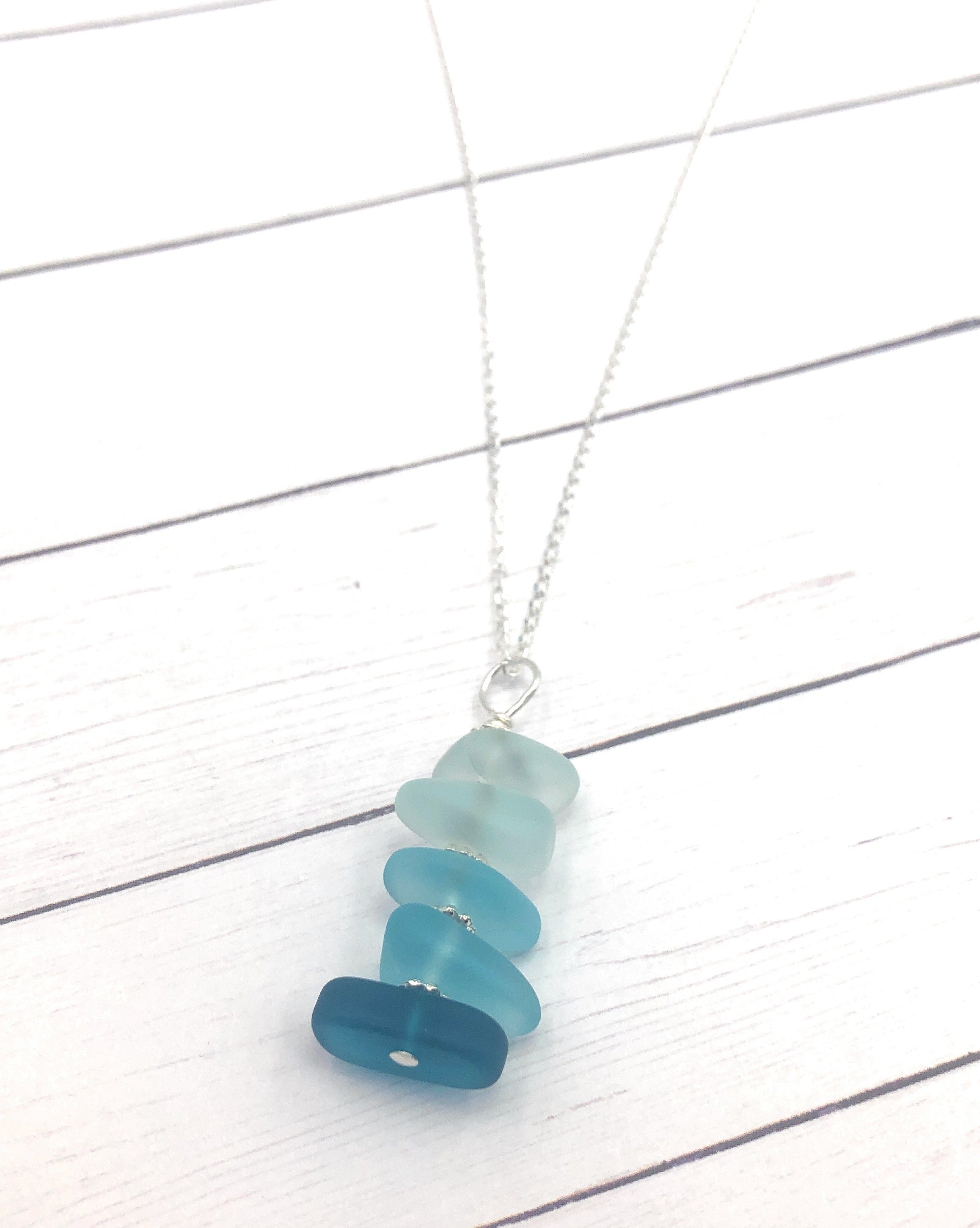 Beachy Blue Fade Stacked Sea Pebble Pendant Necklace