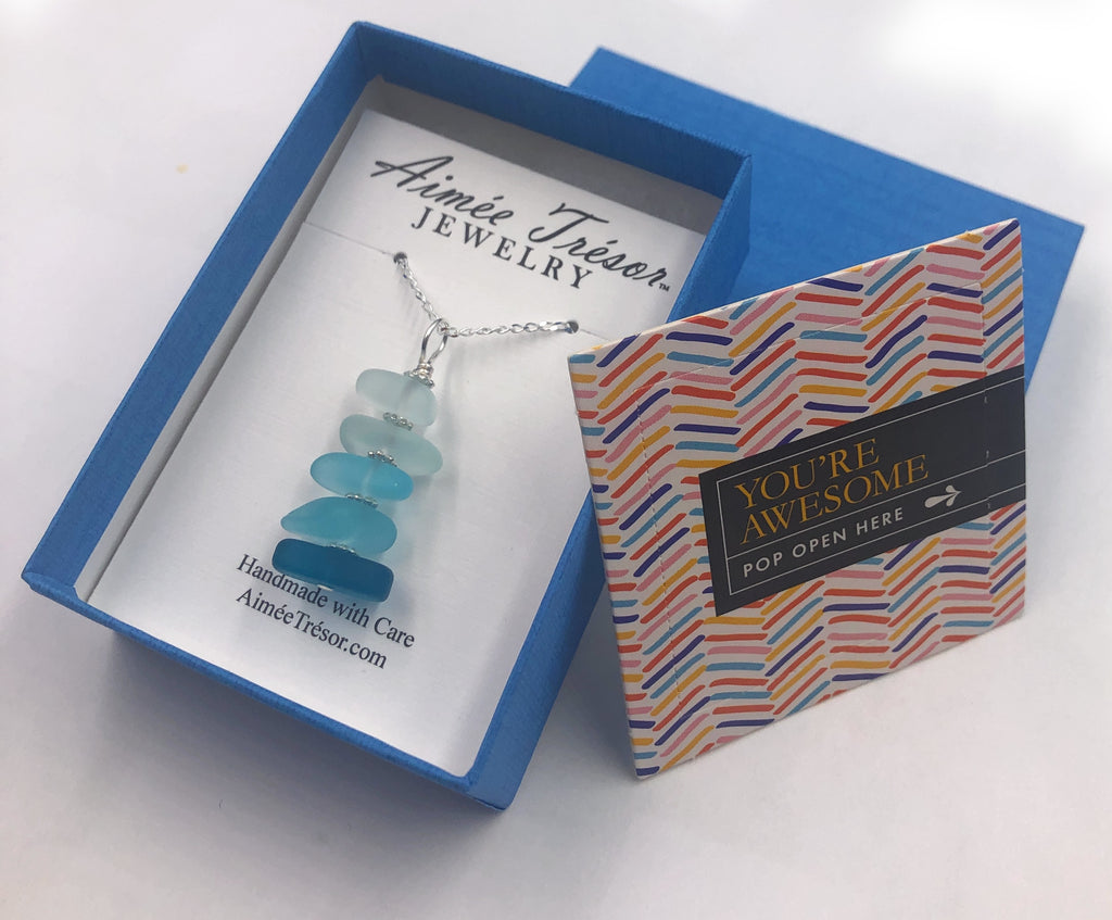 Beachy Blue Fade Stacked Sea Pebble Pendant Necklace
