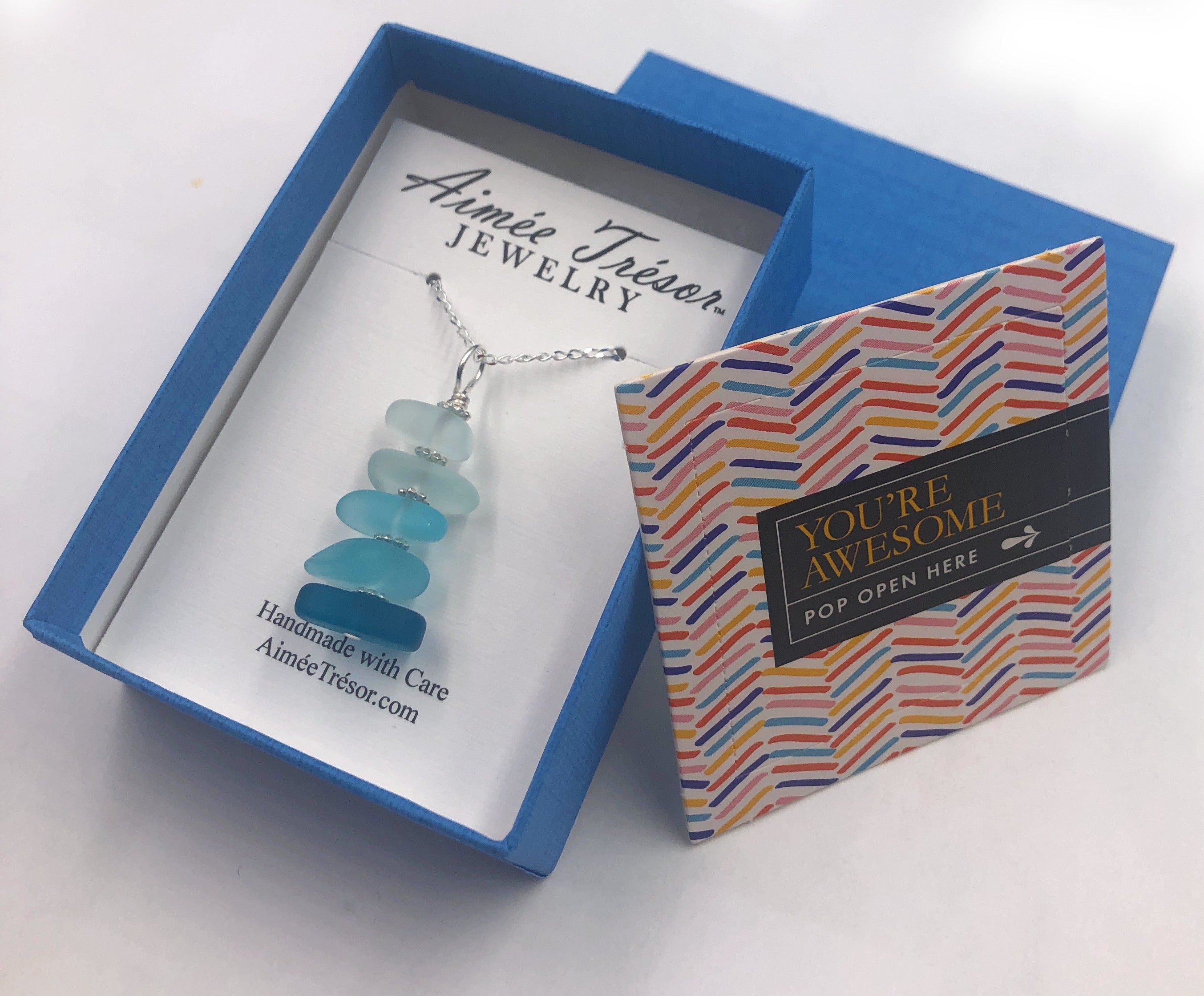 Beachy Blue Fade Stacked Sea Pebble Pendant Necklace