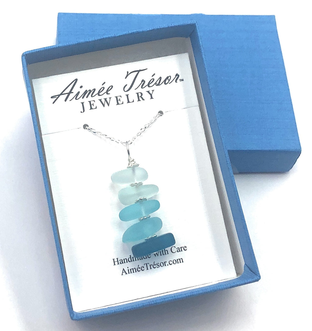 Beachy Blue Fade Stacked Sea Pebble Pendant Necklace
