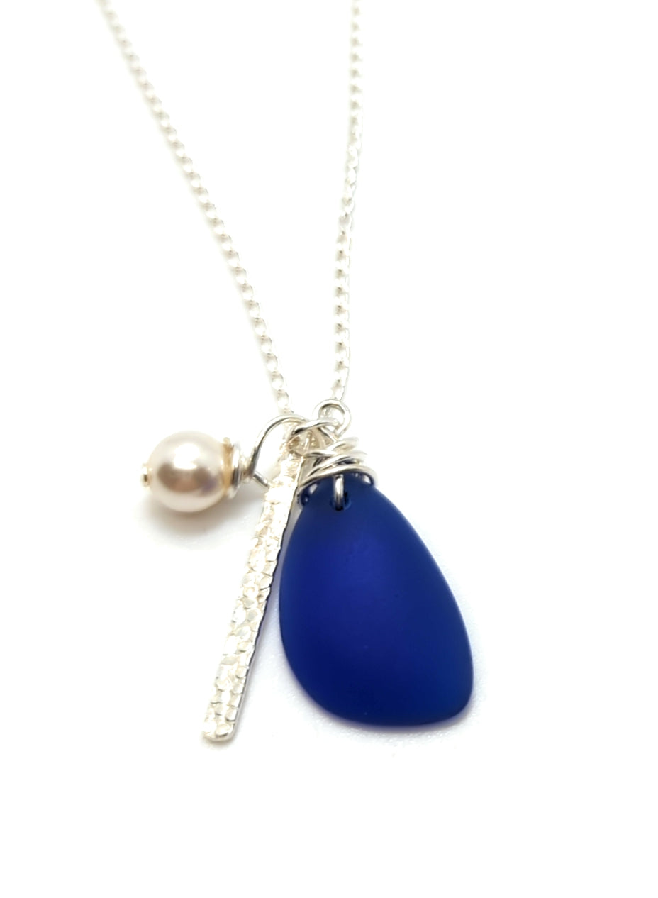 Starry Night Cobalt Blue Recycled Sea Glass Charm Necklace on Sterling Silver Chain
