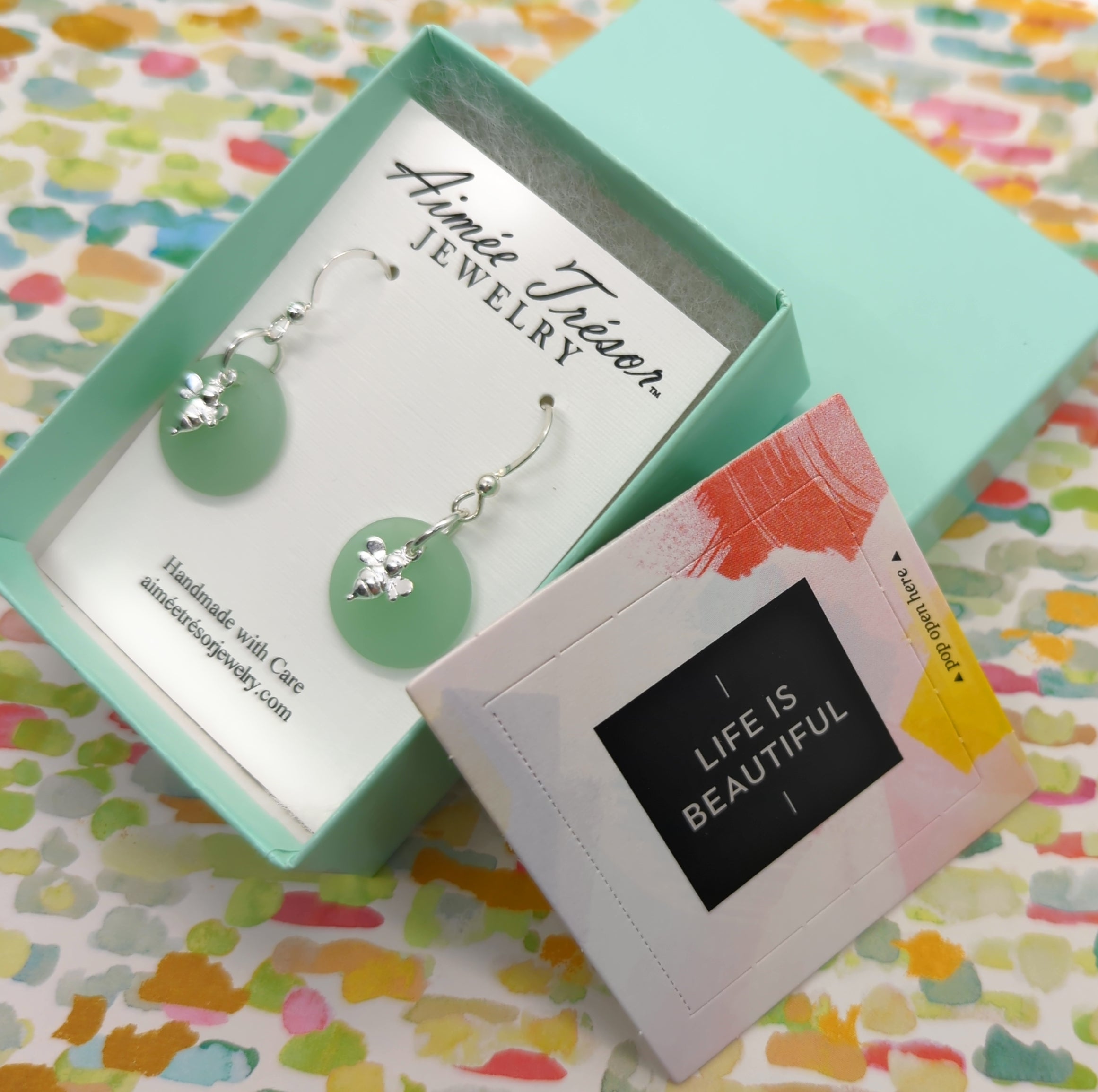 Dark Seafoam Green Sea Glass Charm Earrings on Sterling Silver Hooks with Sterling Silver Bee Charm