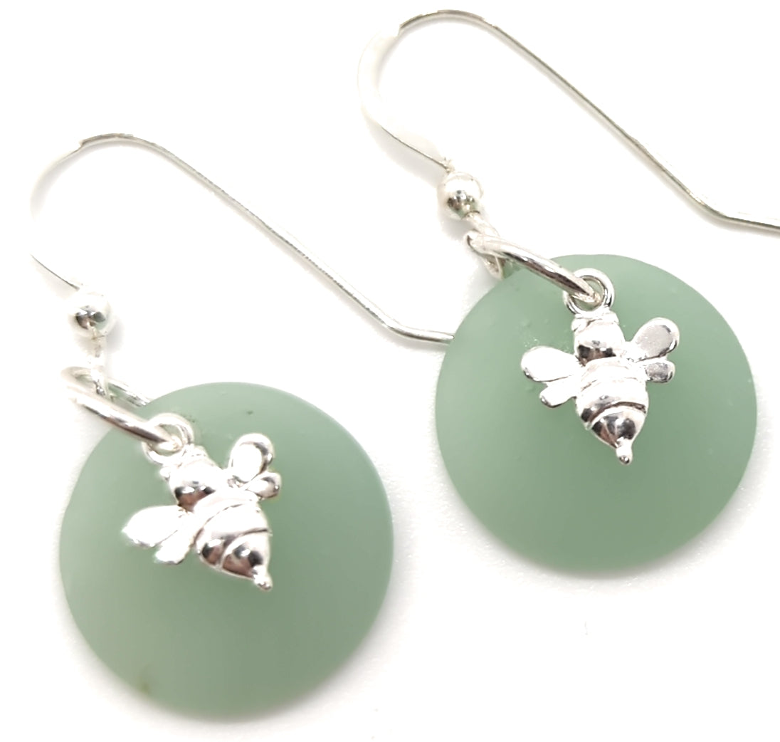 Dark Seafoam Green Sea Glass Charm Earrings on Sterling Silver Hooks with Sterling Silver Bee Charm