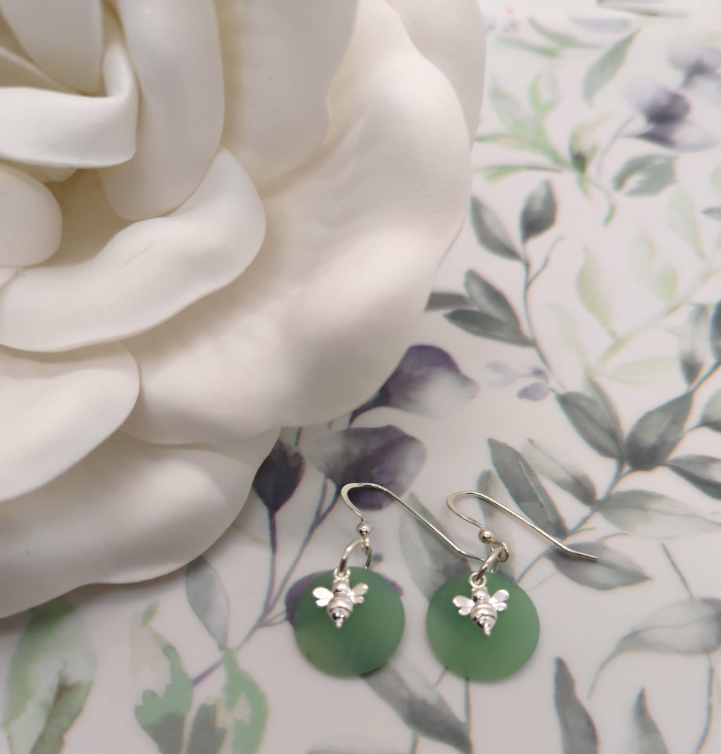 Dark Seafoam Green Sea Glass Charm Earrings on Sterling Silver Hooks with Sterling Silver Bee Charm