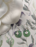 Dark Seafoam Green Sea Glass Charm Earrings on Sterling Silver Hooks with Sterling Silver Bee Charm