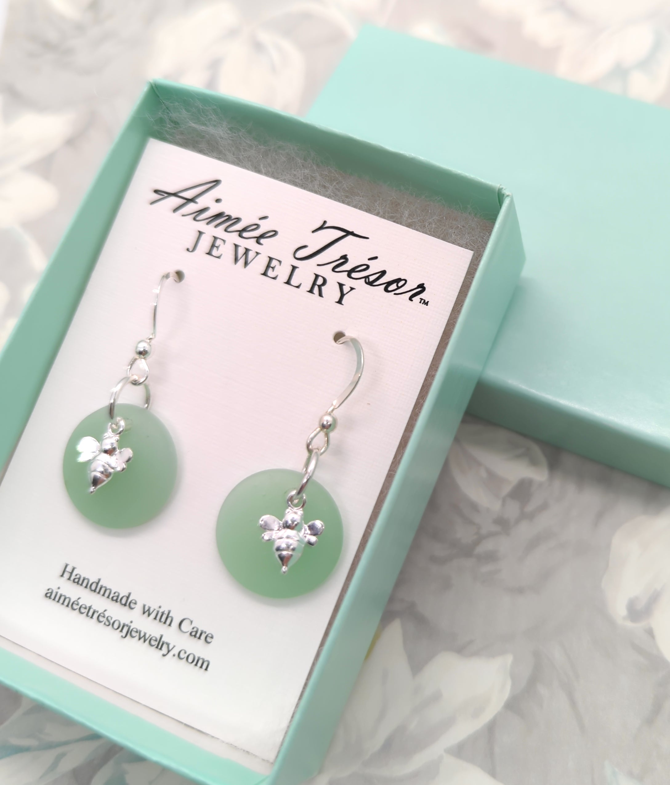 Dark Seafoam Green Sea Glass Charm Earrings on Sterling Silver Hooks with Sterling Silver Bee Charm