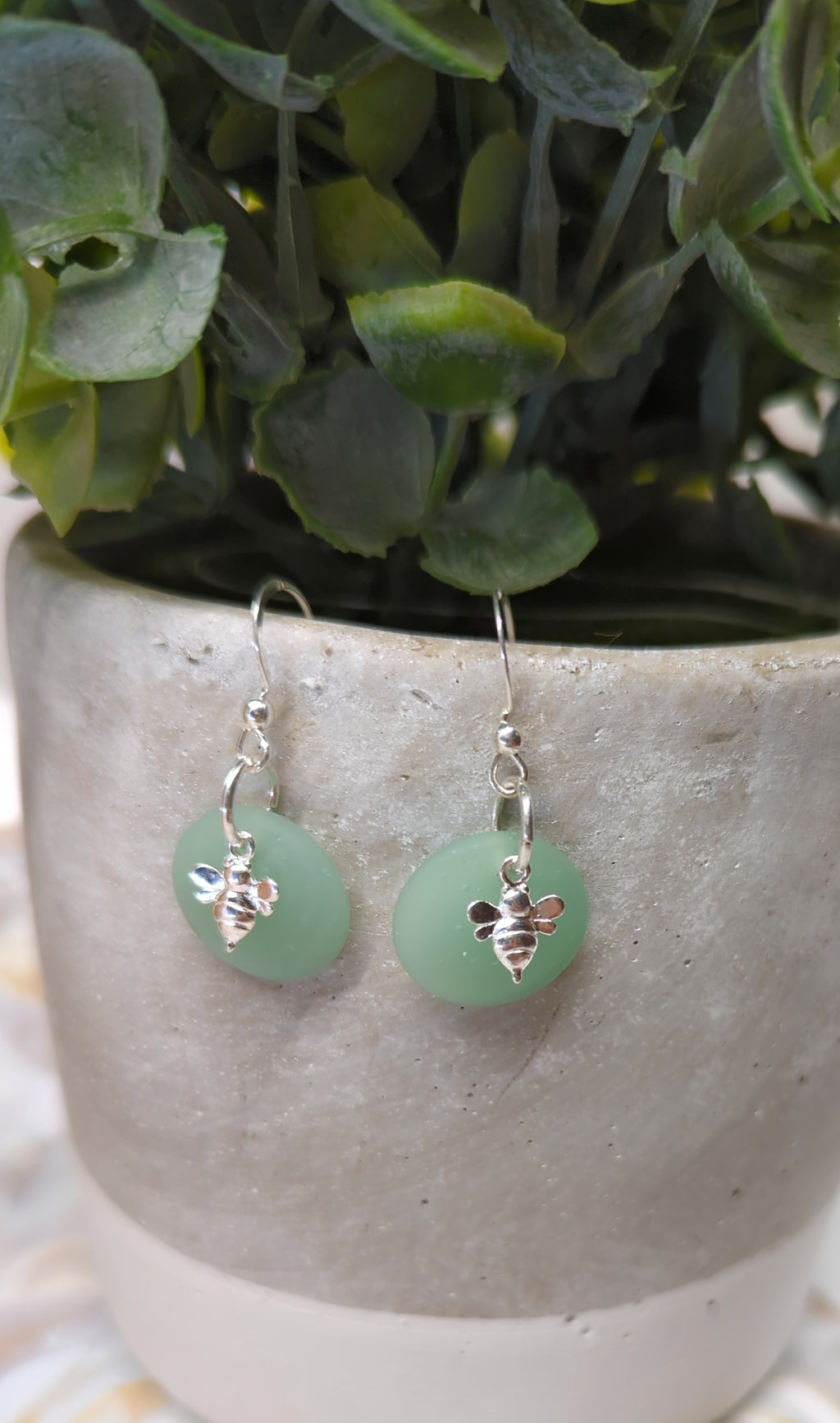 Dark Seafoam Green Sea Glass Charm Earrings on Sterling Silver Hooks with Sterling Silver Bee Charm