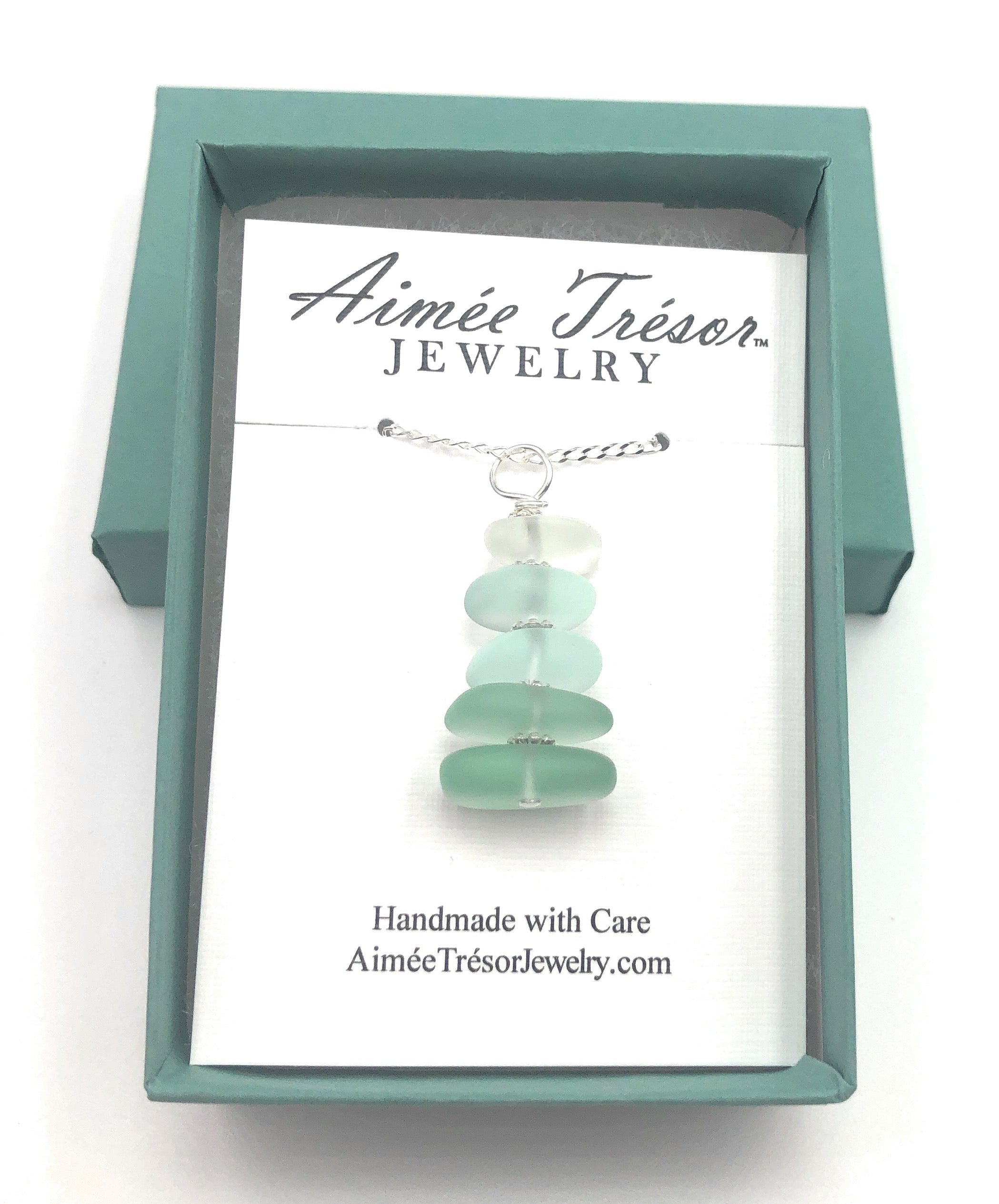 Sea Green Stacked Sea Glass Pebble Pendant Necklace