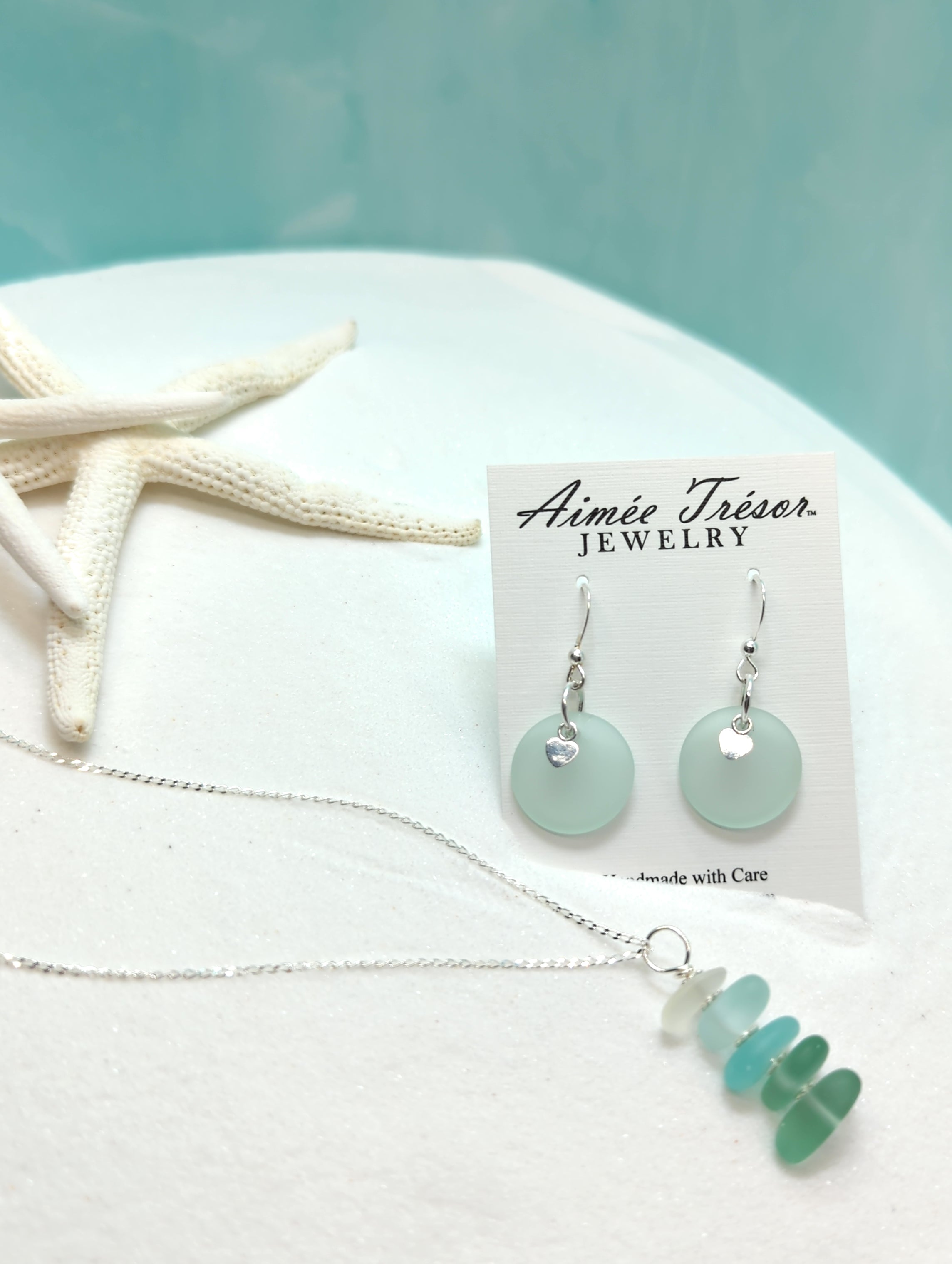 Light Sea Foam Green Recycled Sea Glass Earrings with Charming Sterling Silver Heart Charms and Sterling Silver Hooks