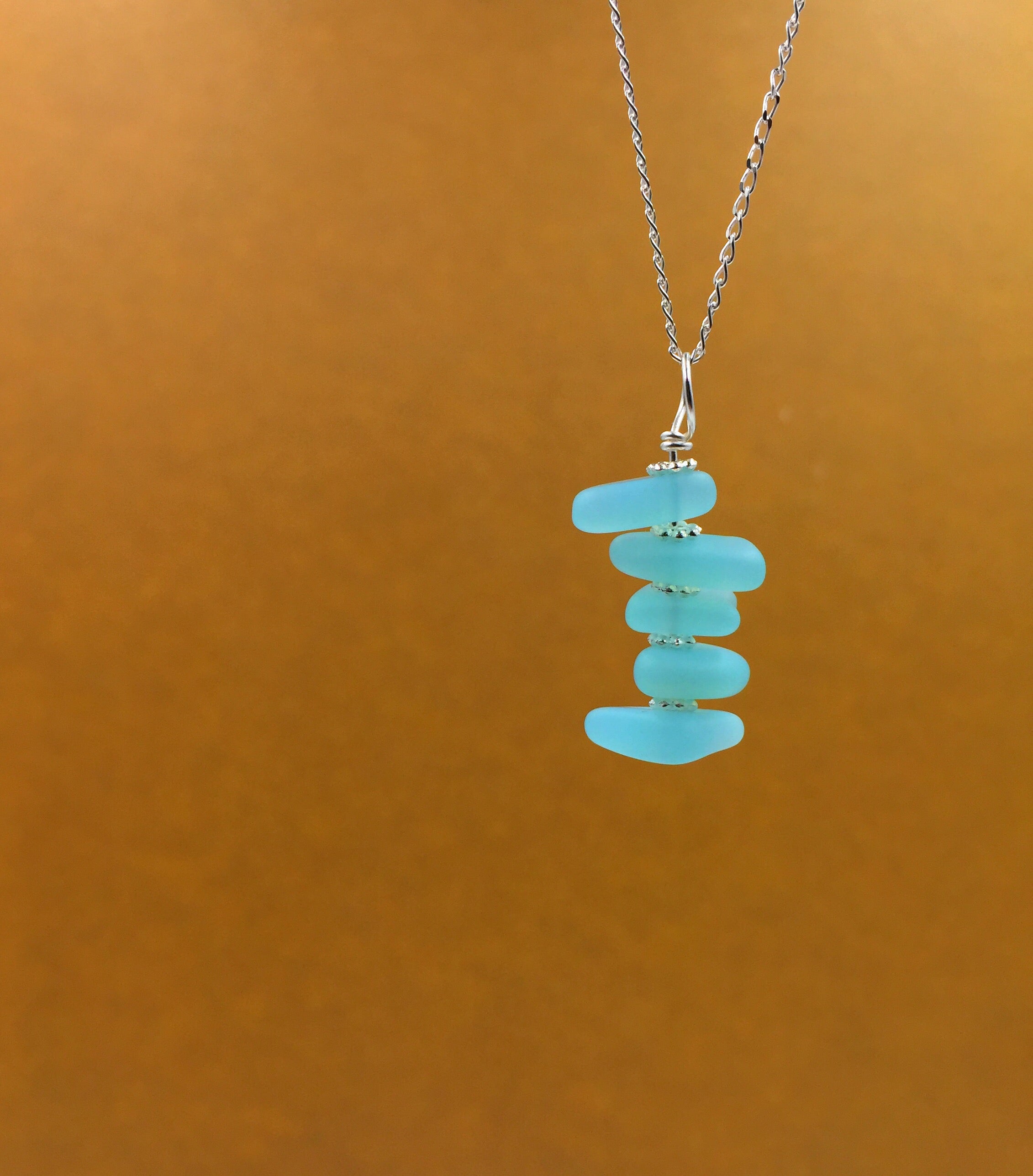 Gorgeous Stacked Blue Pebble Sea Glass Pendant Necklace