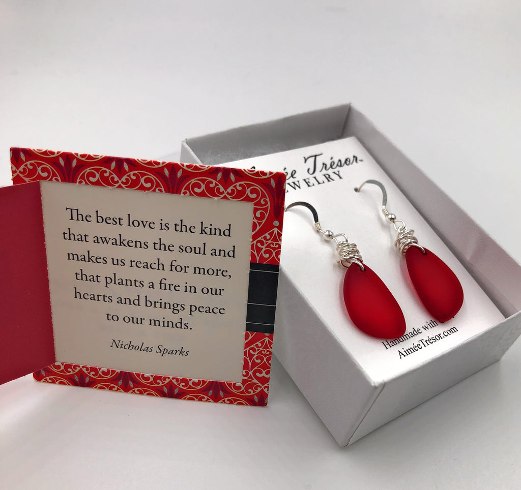 Gorgeous Sunset Love Red Recycled Sea Glass Earrings on Sterling Silver Hooks