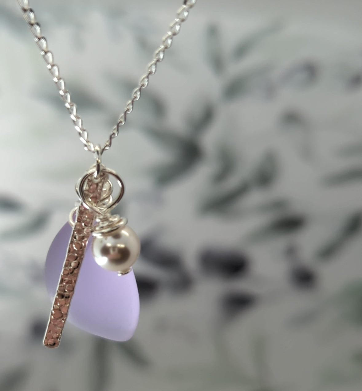 Beautiful Lavender Sea glass Charm Necklace with Sterling Silver Bar Charm and Crystal Pearl Charm on 18 inch Sterling Silver Chain