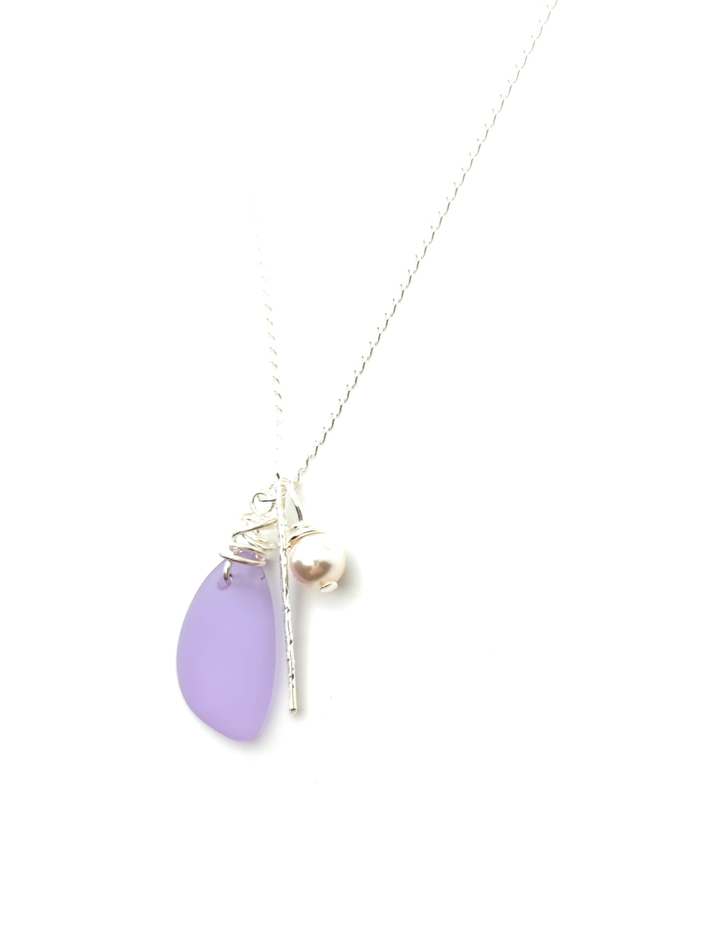 Beautiful Lavender Sea glass Charm Necklace with Sterling Silver Bar Charm and Crystal Pearl Charm on 18 inch Sterling Silver Chain