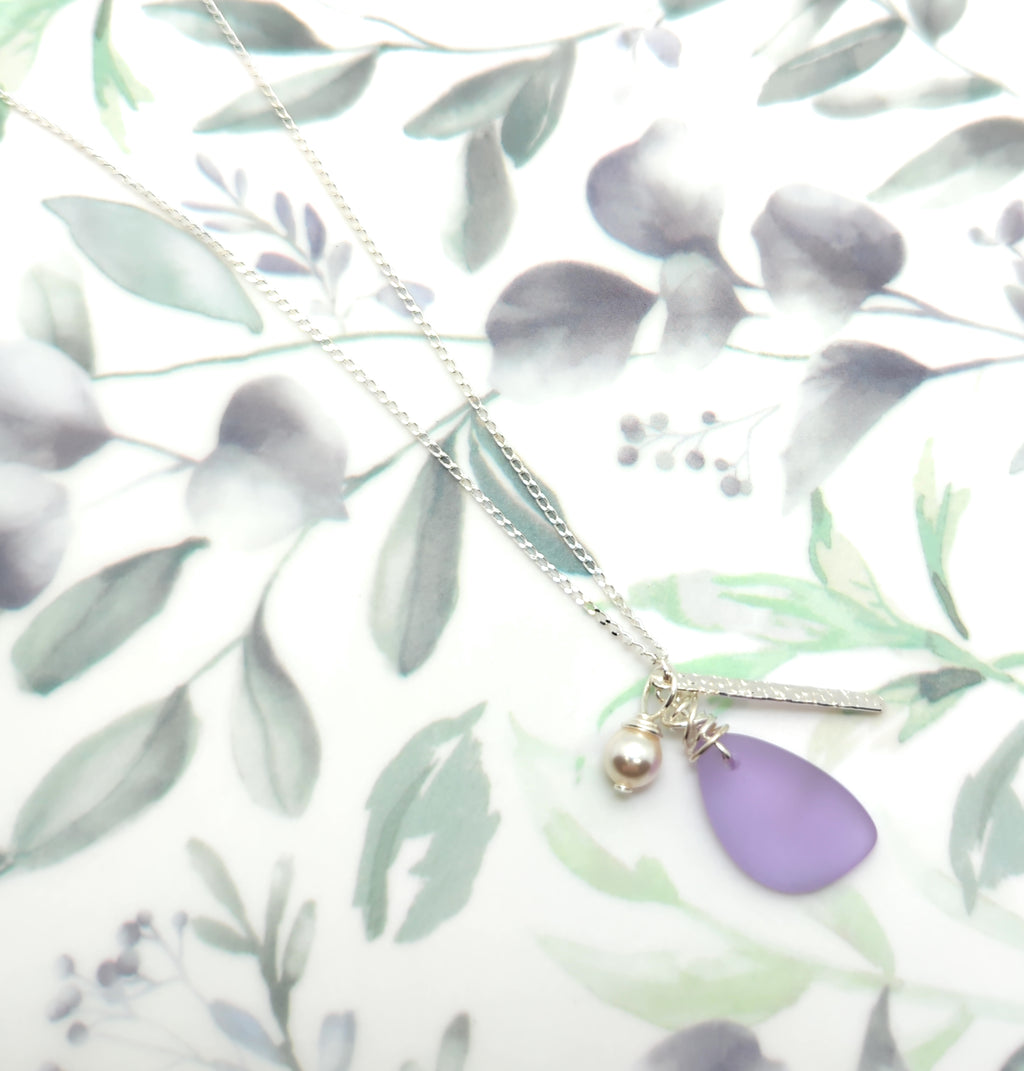 Beautiful Lavender Sea glass Charm Necklace with Sterling Silver Bar Charm and Crystal Pearl Charm on 18 inch Sterling Silver Chain