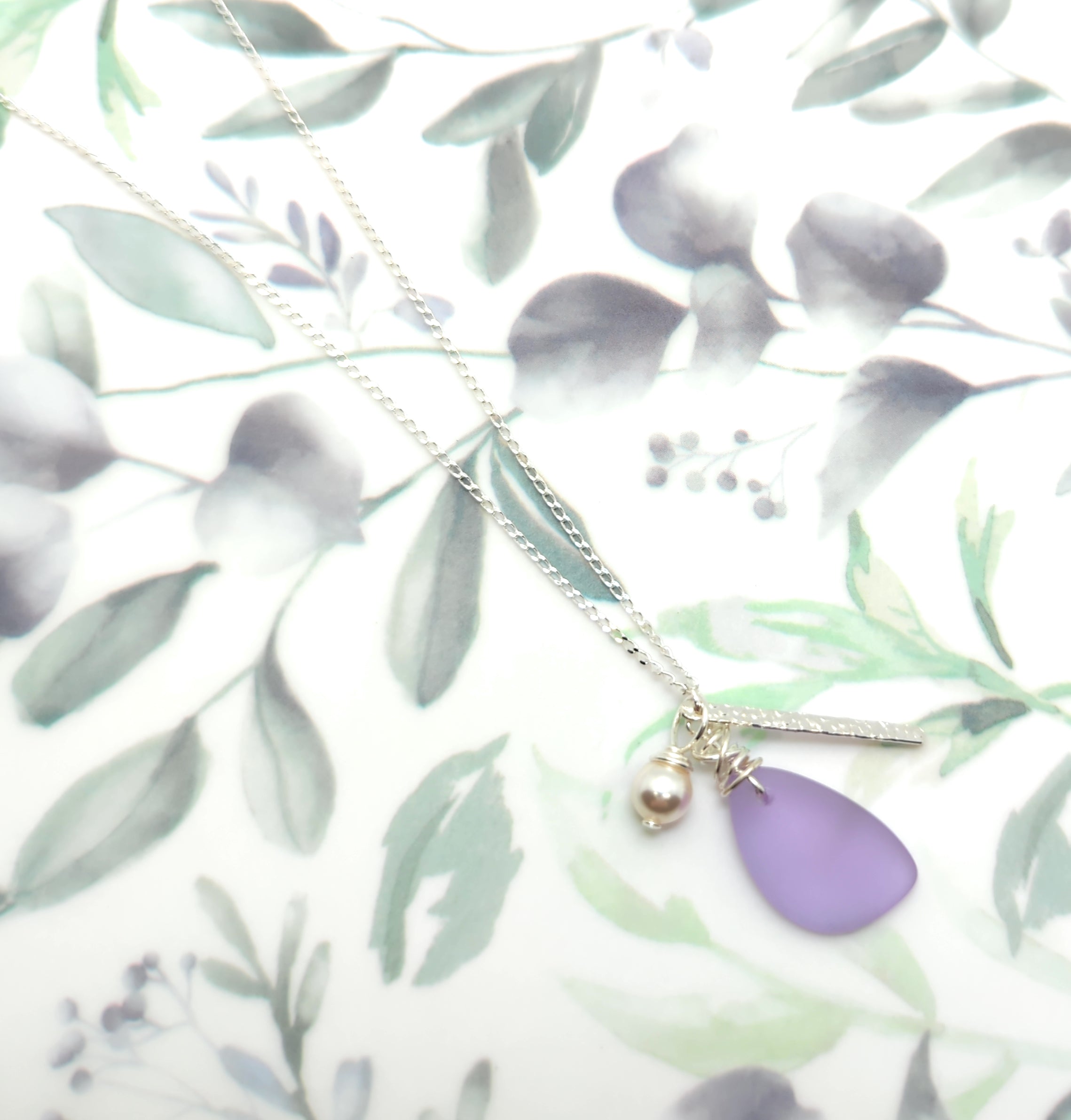 Beautiful Lavender Sea glass Charm Necklace with Sterling Silver Bar Charm and Crystal Pearl Charm on 18 inch Sterling Silver Chain