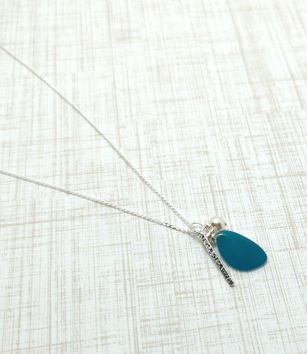 Ocean Blue Charm Necklace on Sterling Silver Chain