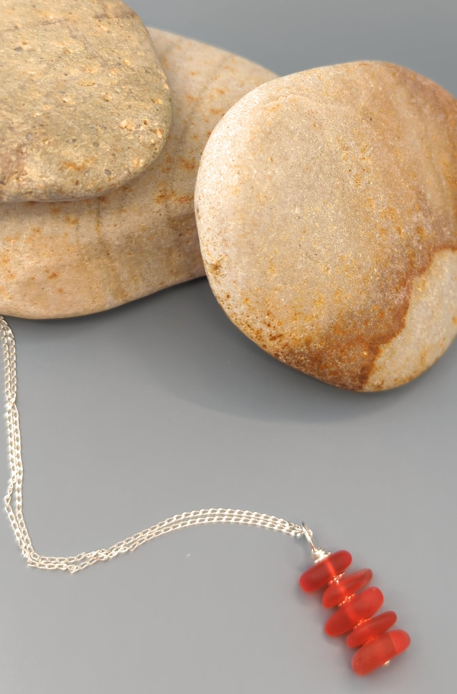Sunset and Fire Stacked Sea Glass Pebble Pendant Necklace