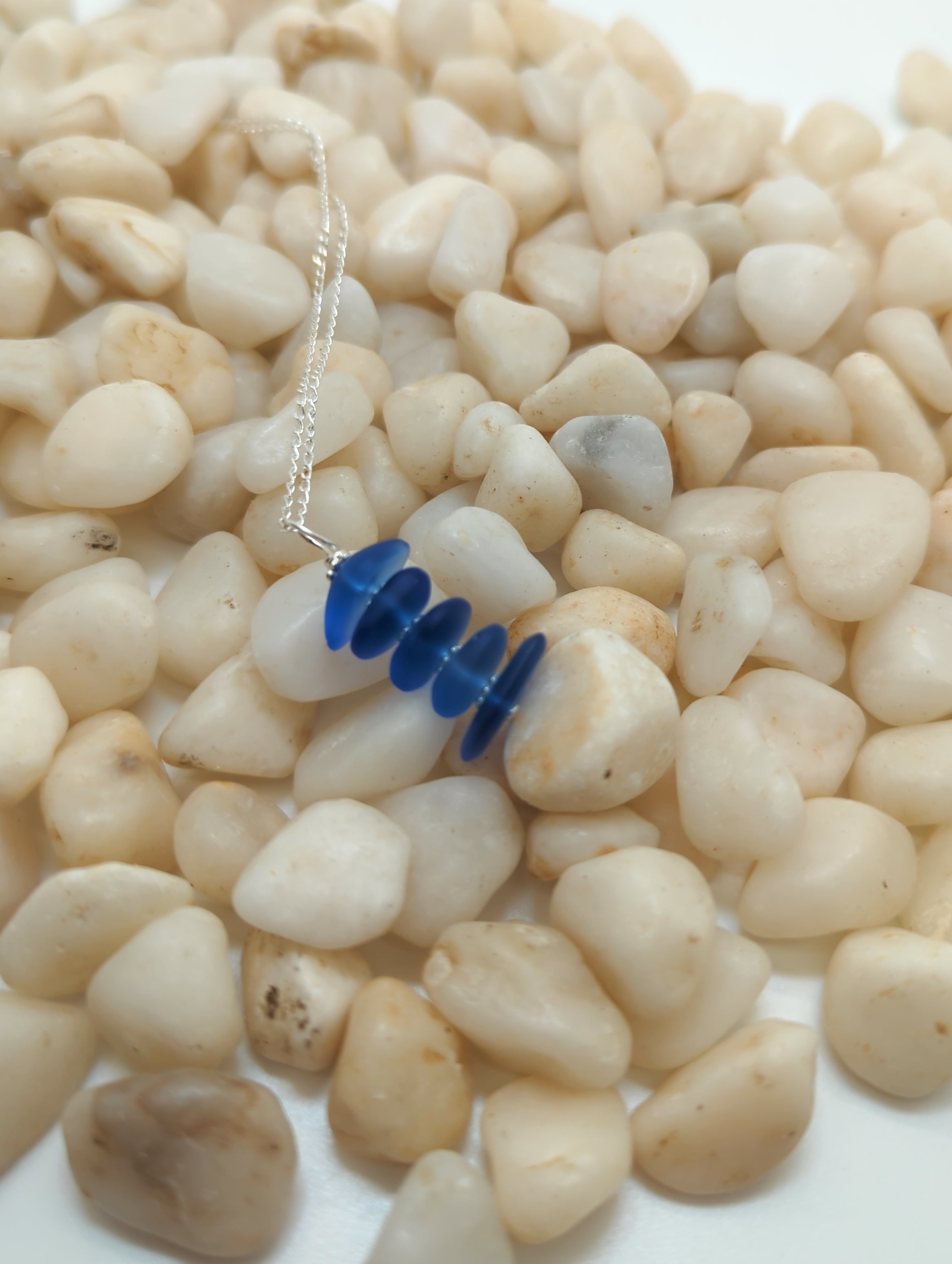 Periwinkle Blue Sea Glass Pebble Stacked Pendant Necklace