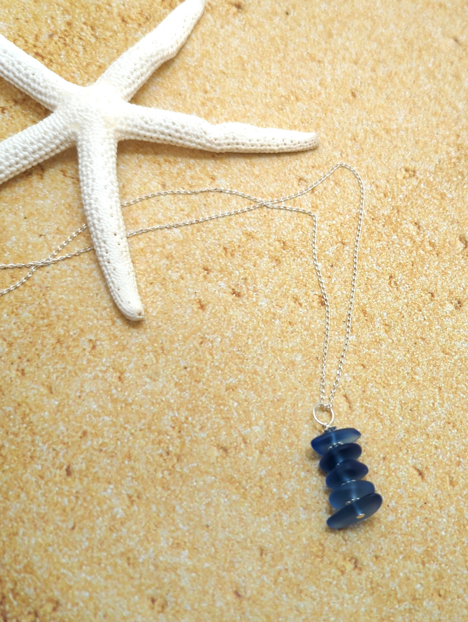 Periwinkle Blue Sea Glass Pebble Stacked Pendant Necklace