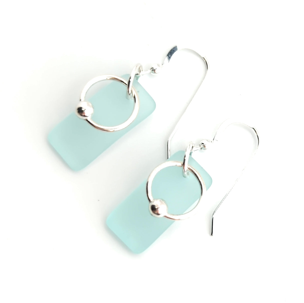 Sea Foam Green Recycled Beach Sea Glass Earrings with Sterling Silver Hoop Charm
