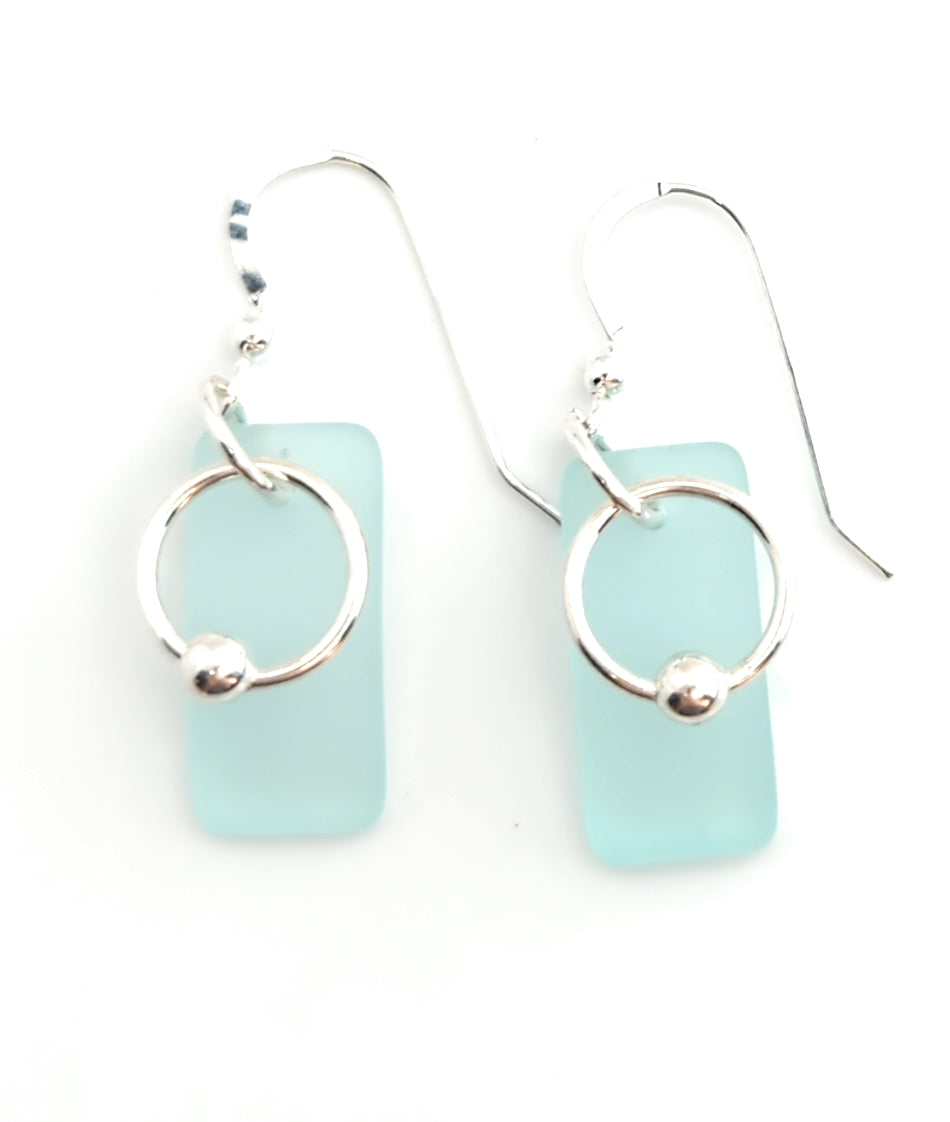 Sea Foam Green Recycled Beach Sea Glass Earrings with Sterling Silver Hoop Charm
