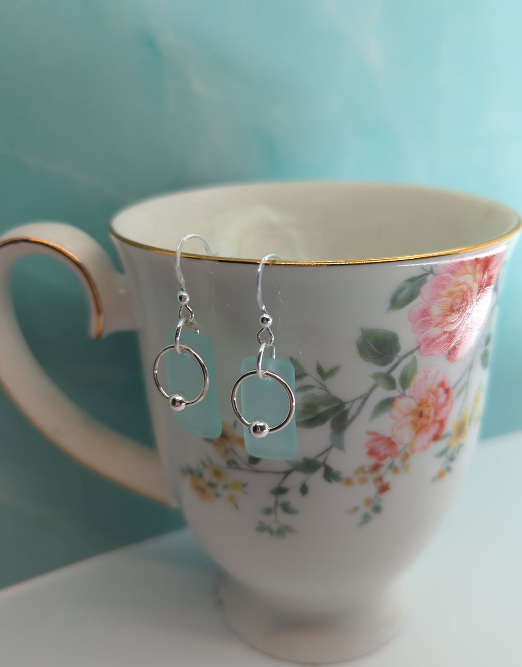 Sea Foam Green Recycled Beach Sea Glass Earrings with Sterling Silver Hoop Charm