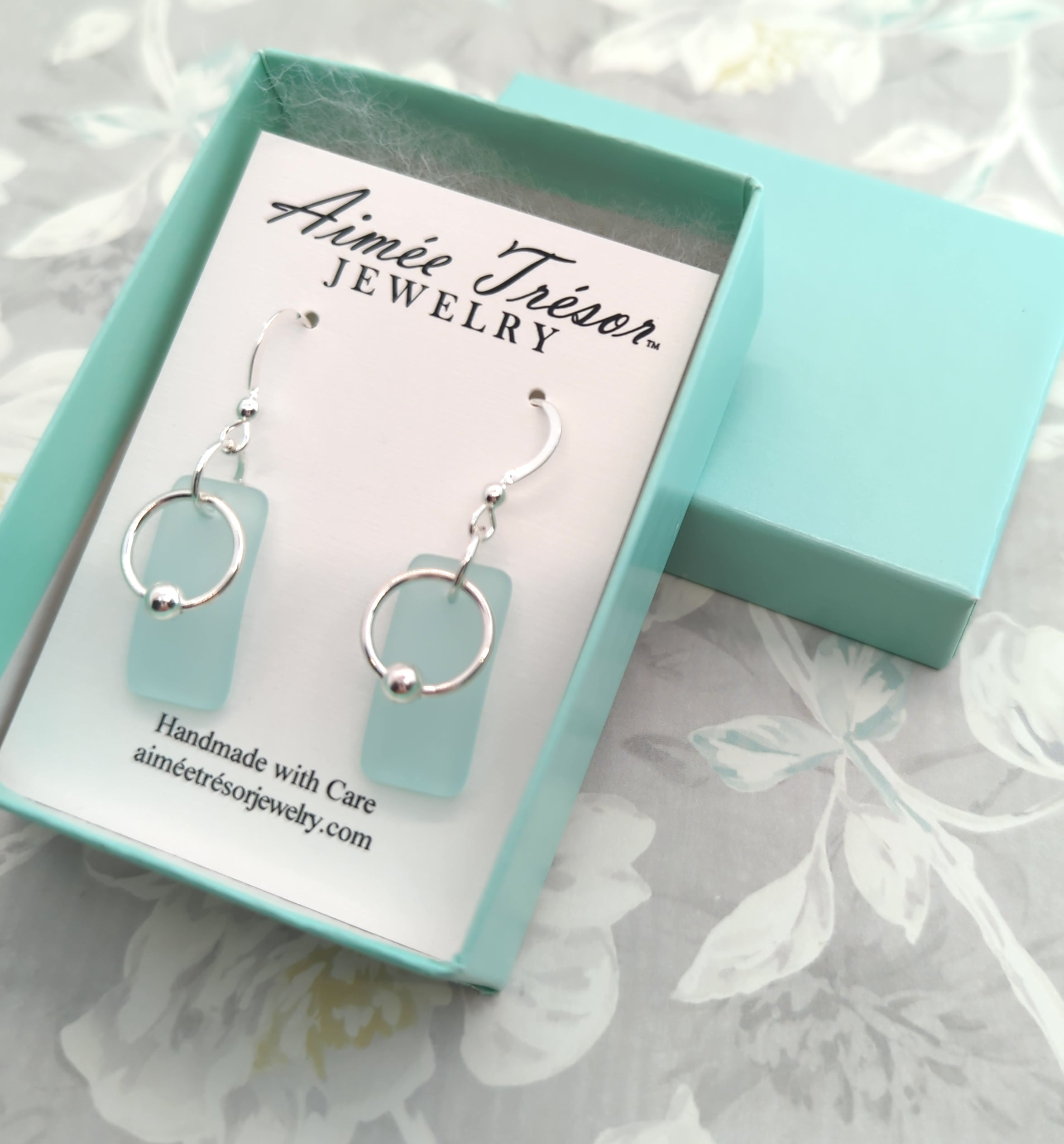 Sea Foam Green Recycled Beach Sea Glass Earrings with Sterling Silver Hoop Charm