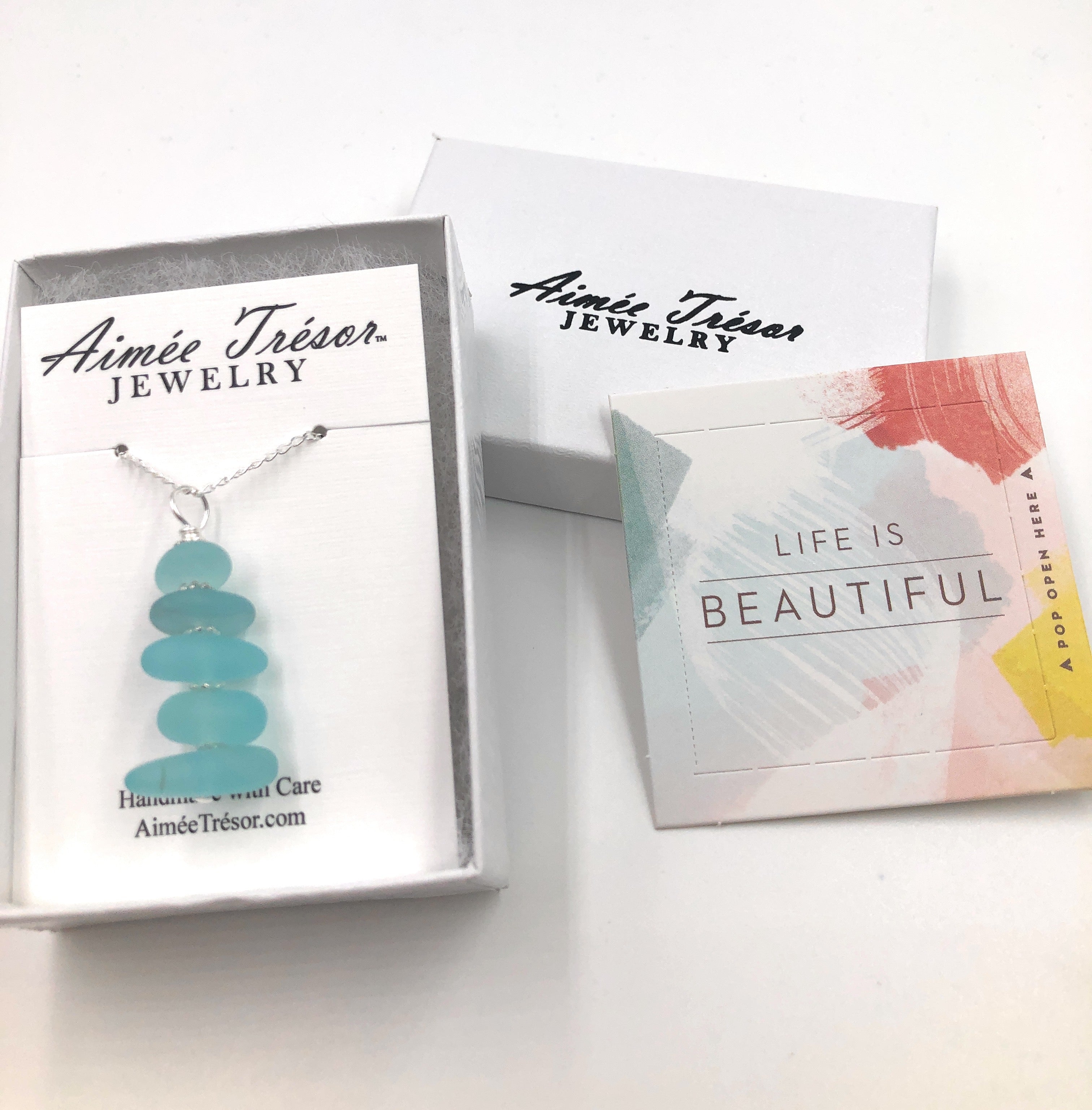 Gorgeous Stacked Blue Pebble Sea Glass Pendant Necklace