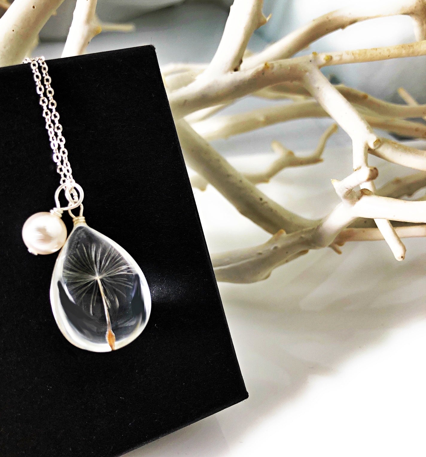 Popular Glass Dandelion Wish Pendant Necklace with Crystal Pearl Charm on Sterling Silver Chain