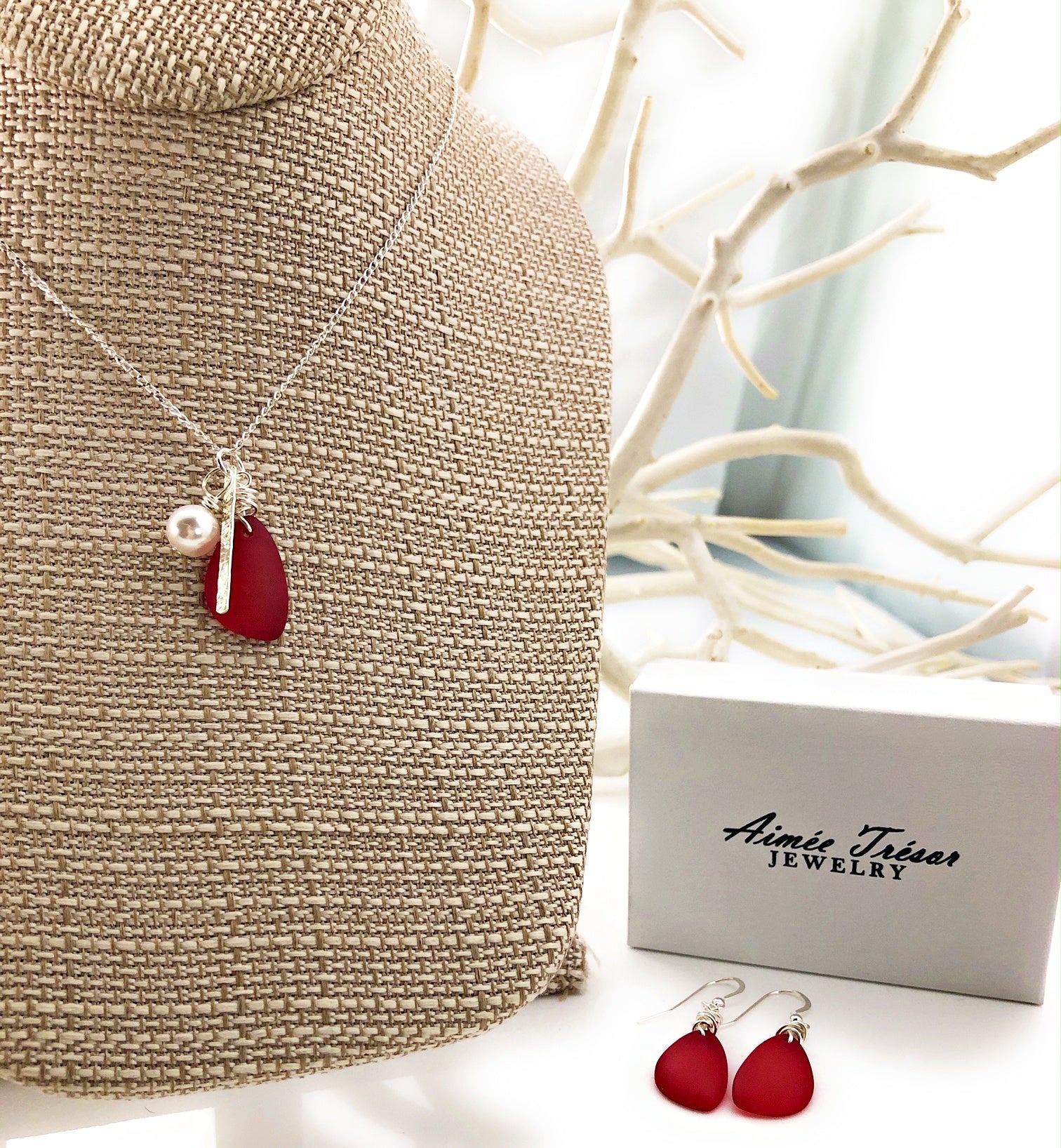 Sunset Love Red Sea Glass Charm Necklace on Sterling Silver Chain