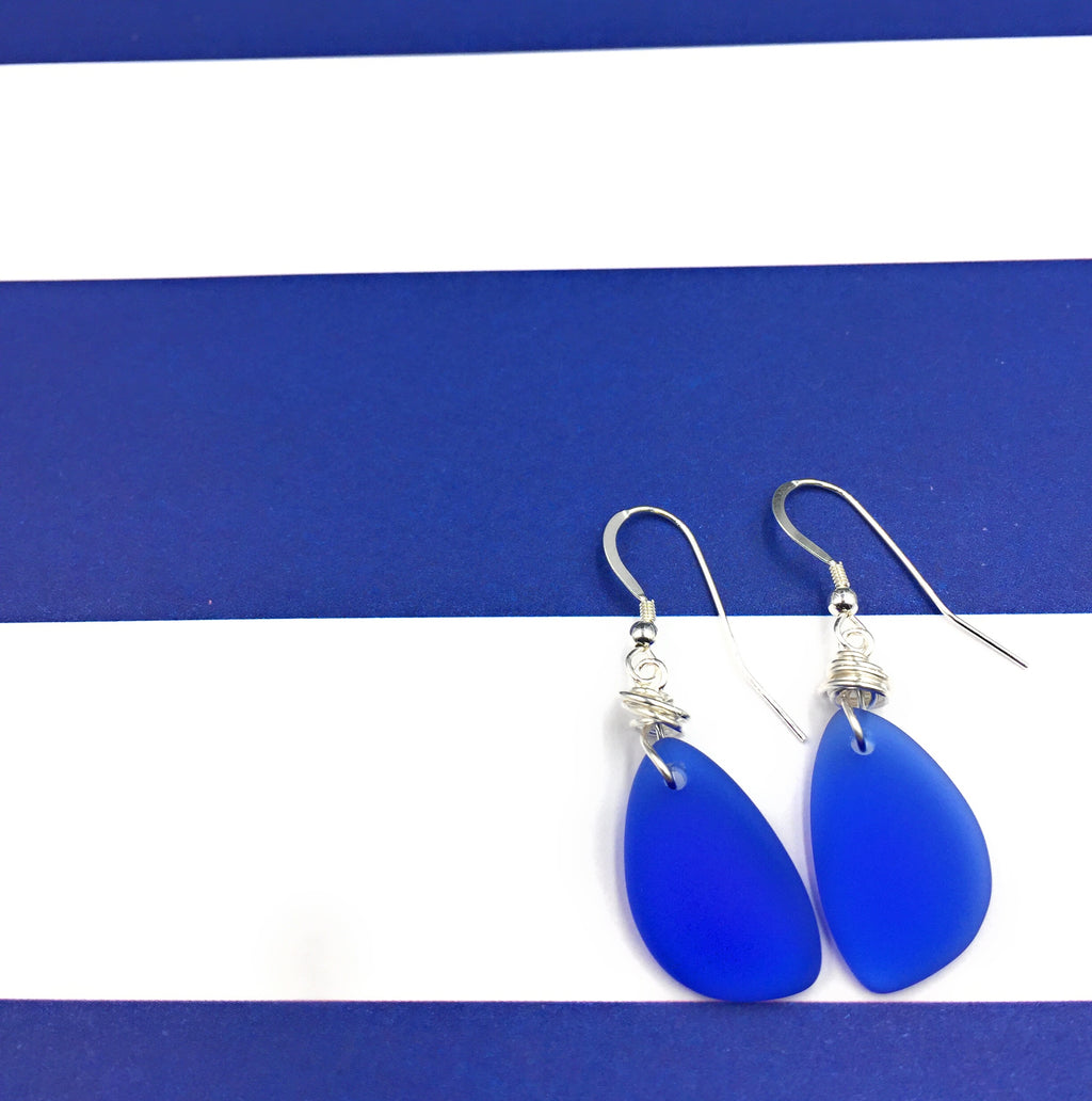 Starry Night Cobalt Blue Recycled Sea Glass Earrings on Sterling Silver Hooks