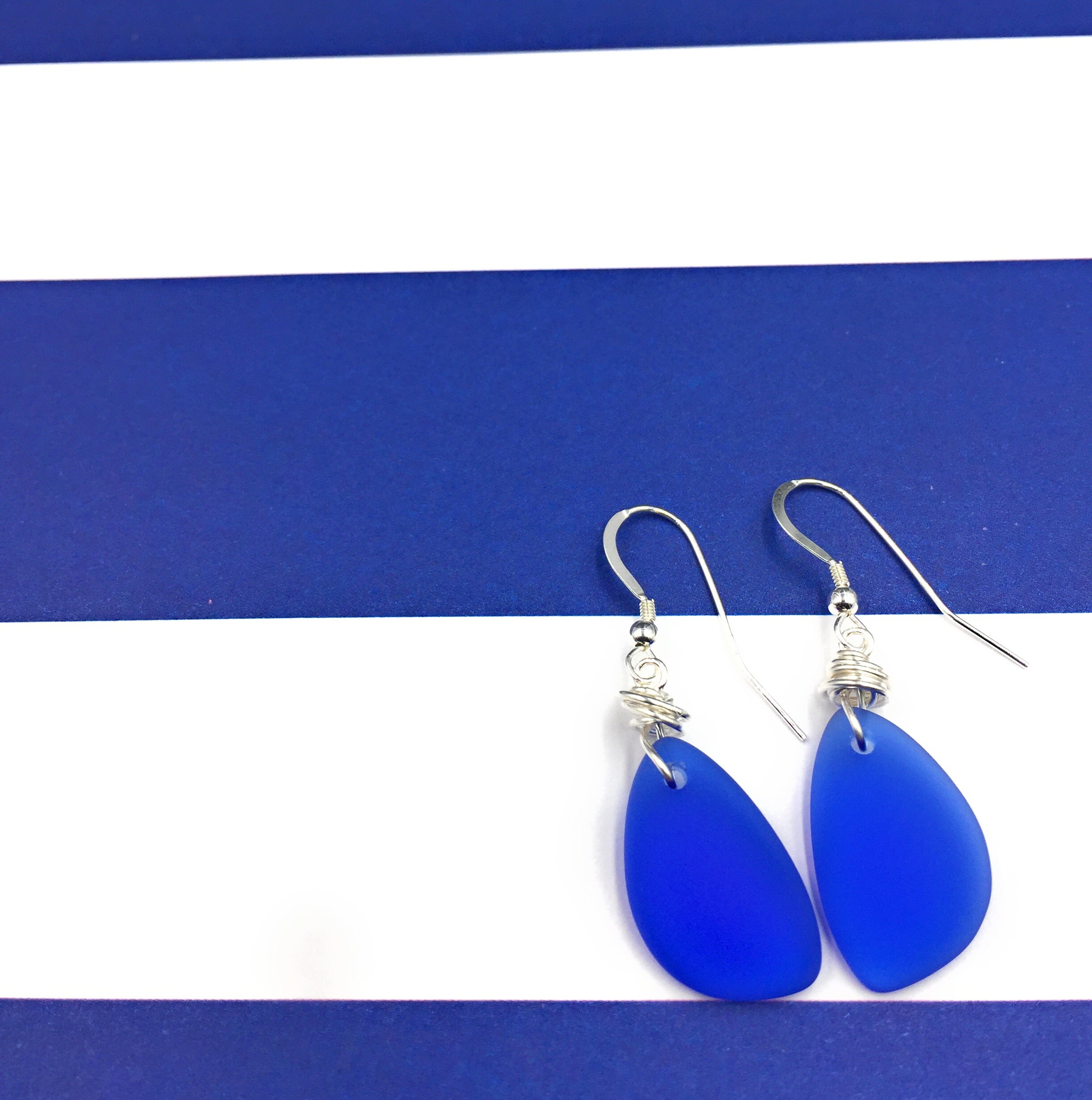 Starry Night Cobalt Blue Recycled Sea Glass Earrings on Sterling Silver Hooks