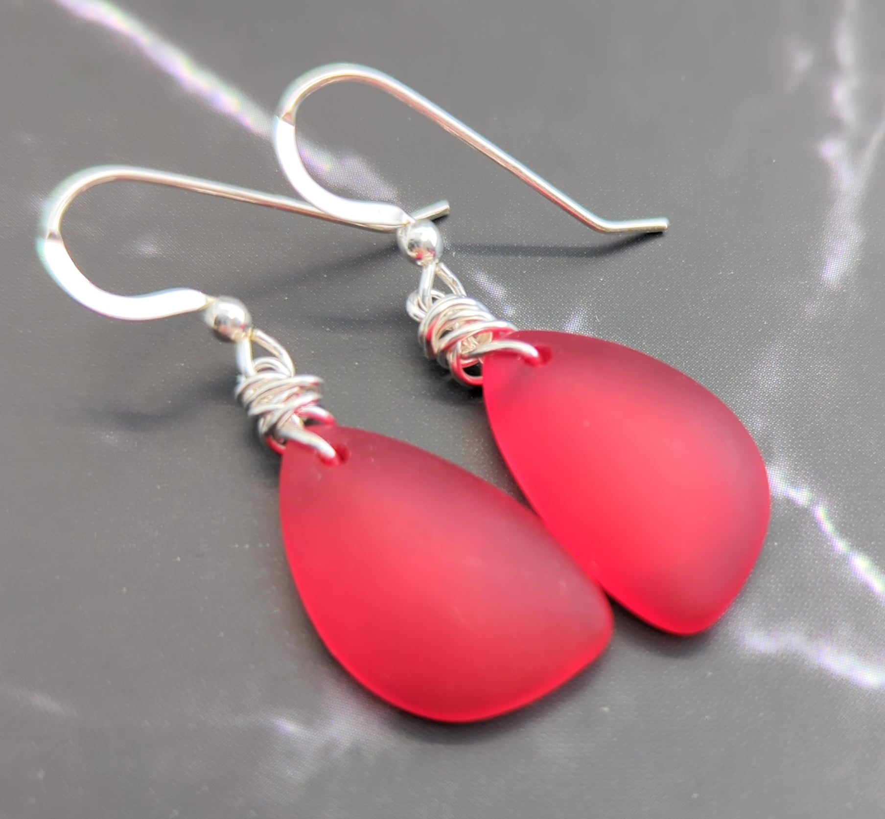 Gorgeous Sunset Love Red Recycled Sea Glass Earrings on Sterling Silver Hooks