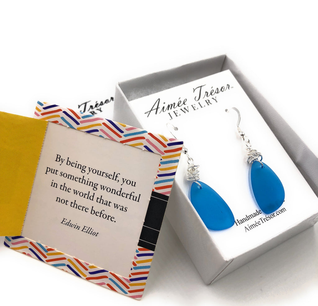 Vivid Aqua Recycled Sea Glass Earrings with Sterling Silver Hooks