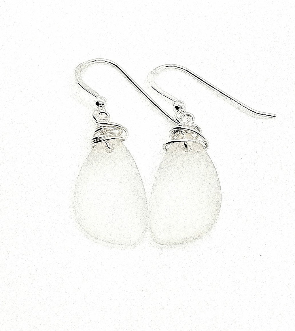 Aimee Tresor White Recycled Sea Glass Earrings on Sterling Silver Hooks