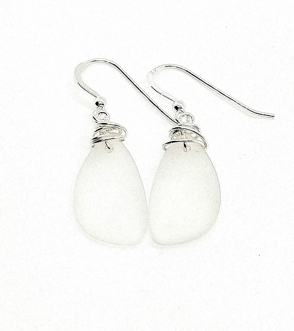 Aimee Tresor White Recycled Sea Glass Earrings on Sterling Silver Hooks