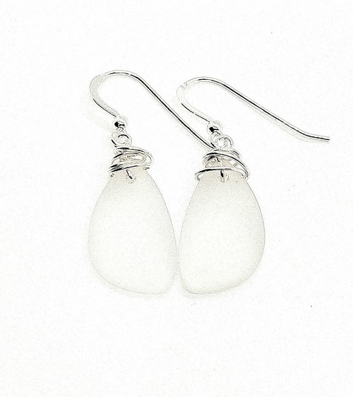 Aimee Tresor White Recycled Sea Glass Earrings on Sterling Silver Hooks