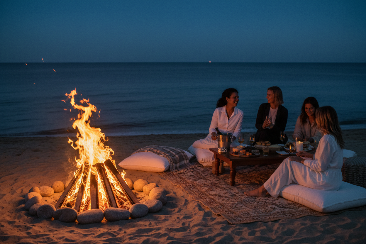 Beach campfire at dusk with navy blue sky