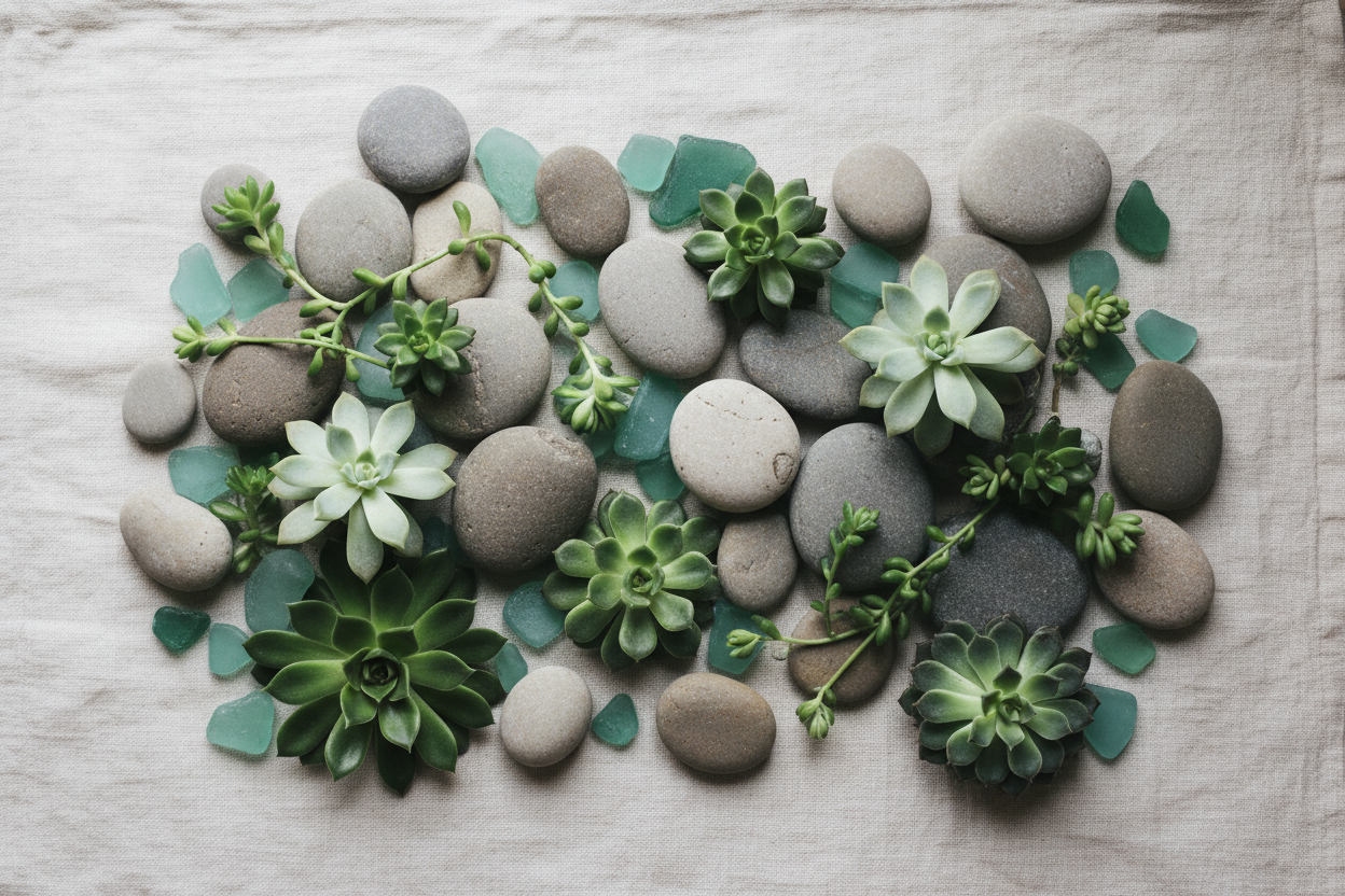Beach pebbles with green succulents and sea glass on linen