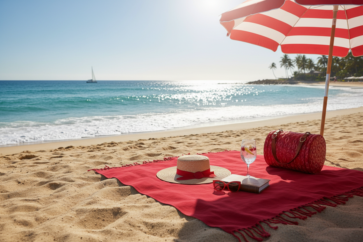 Beach scene with red towel and accessories
