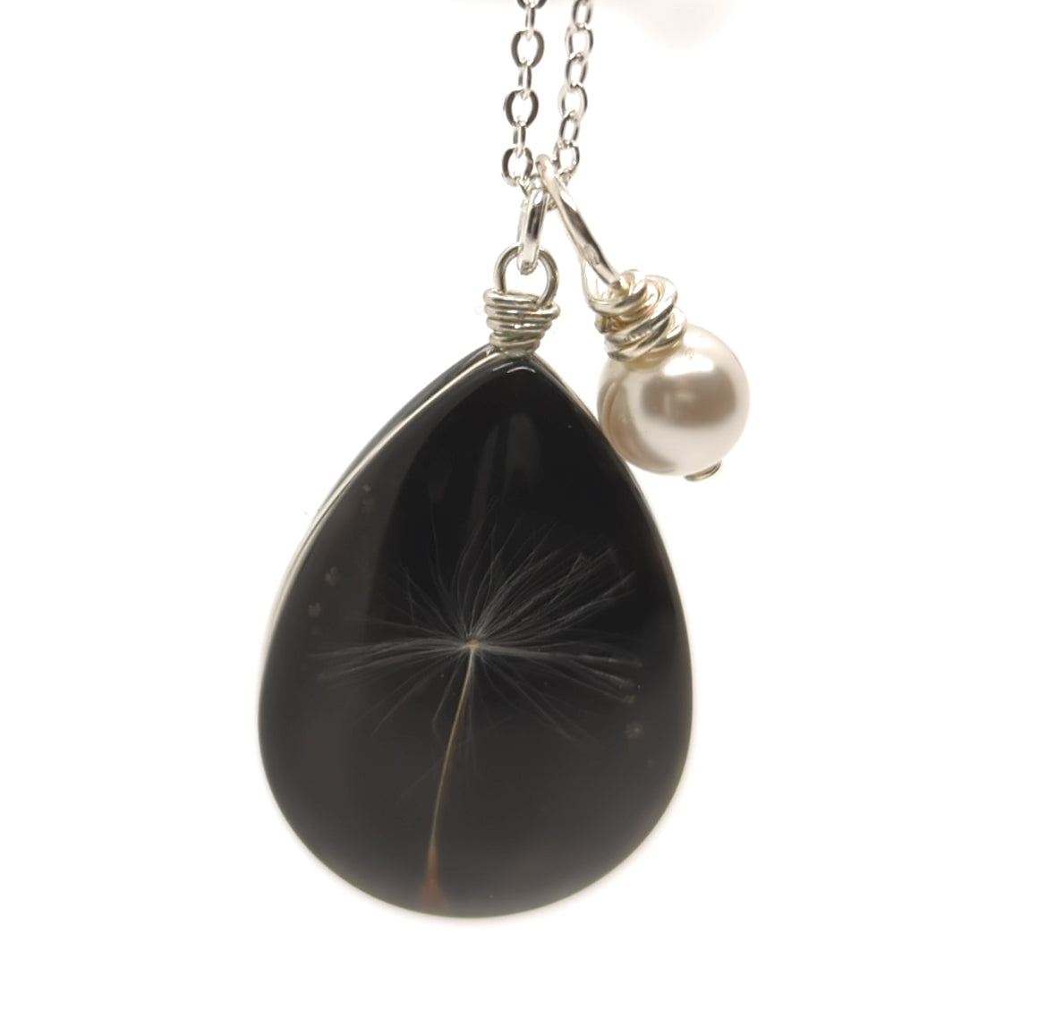Dark Dandelion Wish Pendant Necklace with Crystal Pearl Charm on Sterling Silver Chain