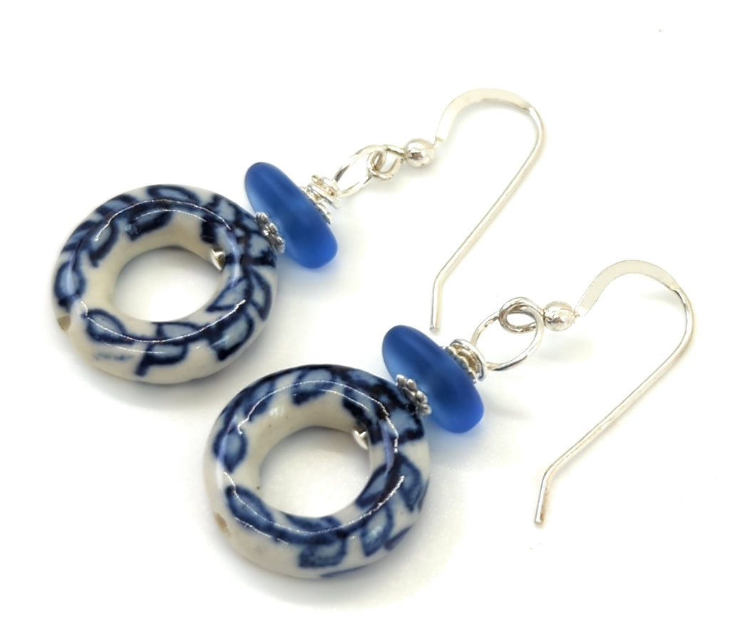 Beachy Sea Blue Sea Glass and Porcelain Earrings with Sterling Silver Hooks