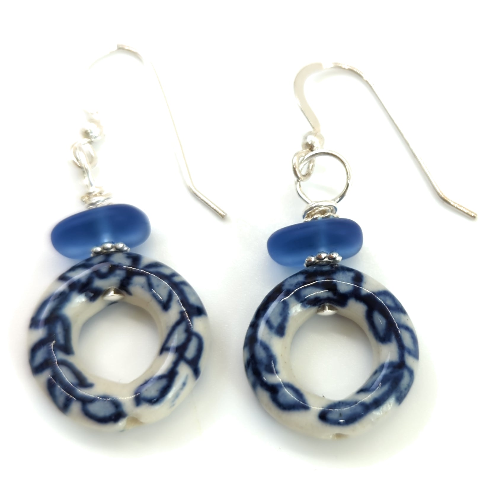 Beachy Sea Blue Sea Glass and Porcelain Earrings with Sterling Silver Hooks